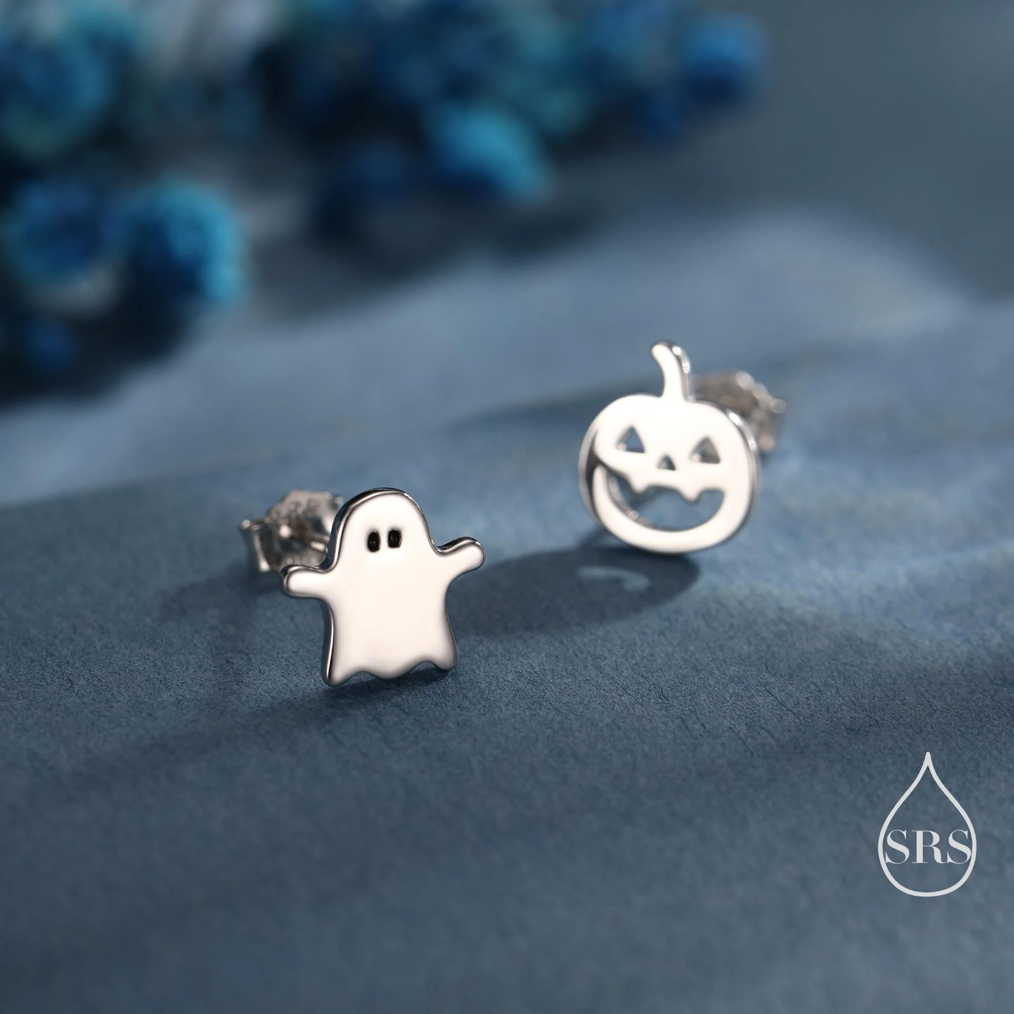 Mismatched Carved Pumpkin and Ghost Stud Earrings in Sterling Silver, Silver, Gold or Rose Gold, Fun and Quirky Halloween Earrings - Image 6