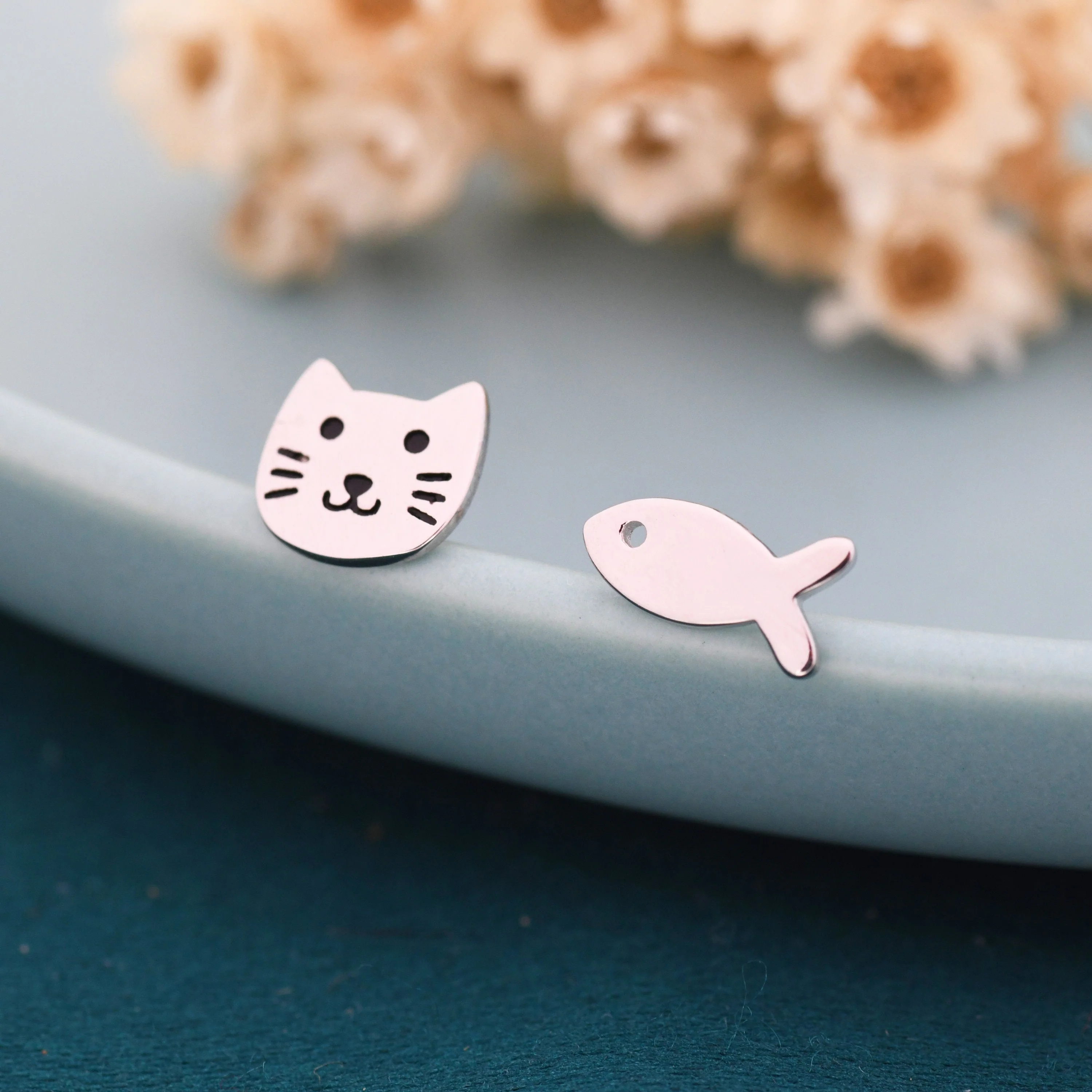 Mismatched Cat and Fish Stud Earrings in Sterling Silver, Asymmetric Cat and Fish Earrings, Cute Cat Lover Earrings - Image 6