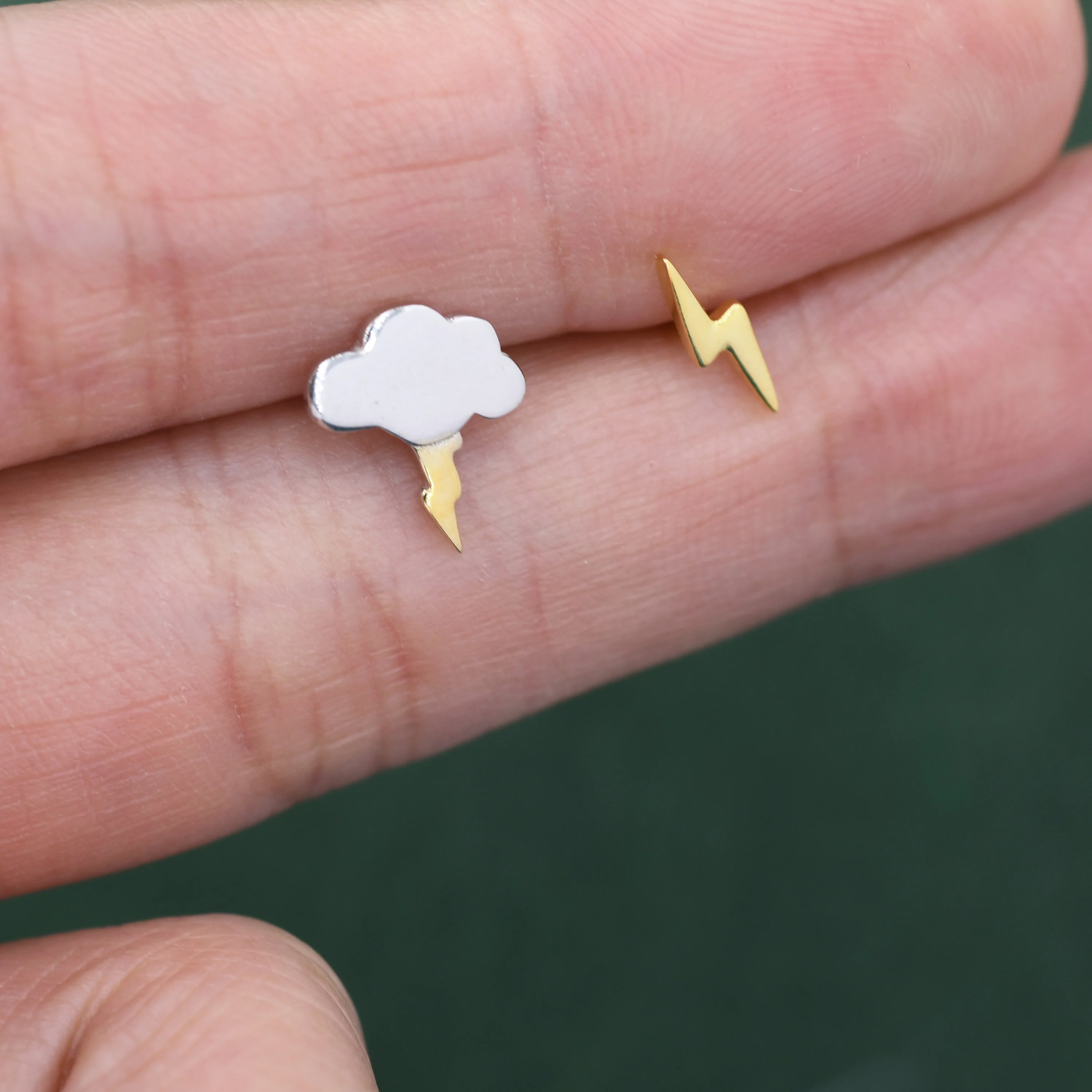 Mismatched Cloud and Lightning Bolt Stud Earrings in Sterling Silver, Asymmetric Cloud and Lightning Bolt Earrings - Image 4