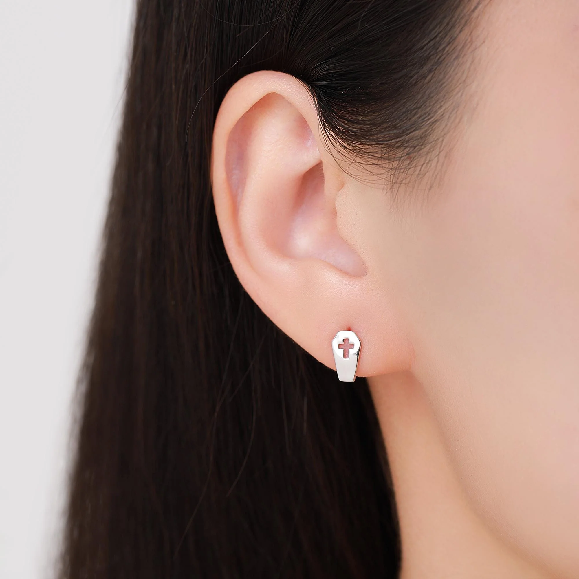 Mismatched Coffin and Bat Stud Earrings in Sterling Silver, Silver or Gold, Asymmetric Bat and Coffin Cross Earrings, Vampire Earrings - Image 7