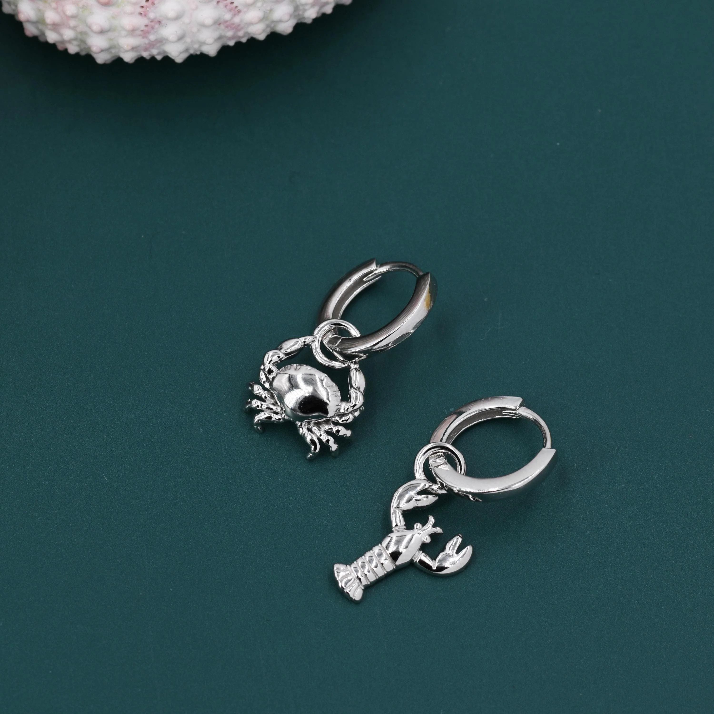 Mismatched Crab and Lobster Huggie Hoop Earrings in Sterling Silver, Silver or Gold or Rose Gold, Asymmetric Lobster and Crab Hoop Earrings - Image 4