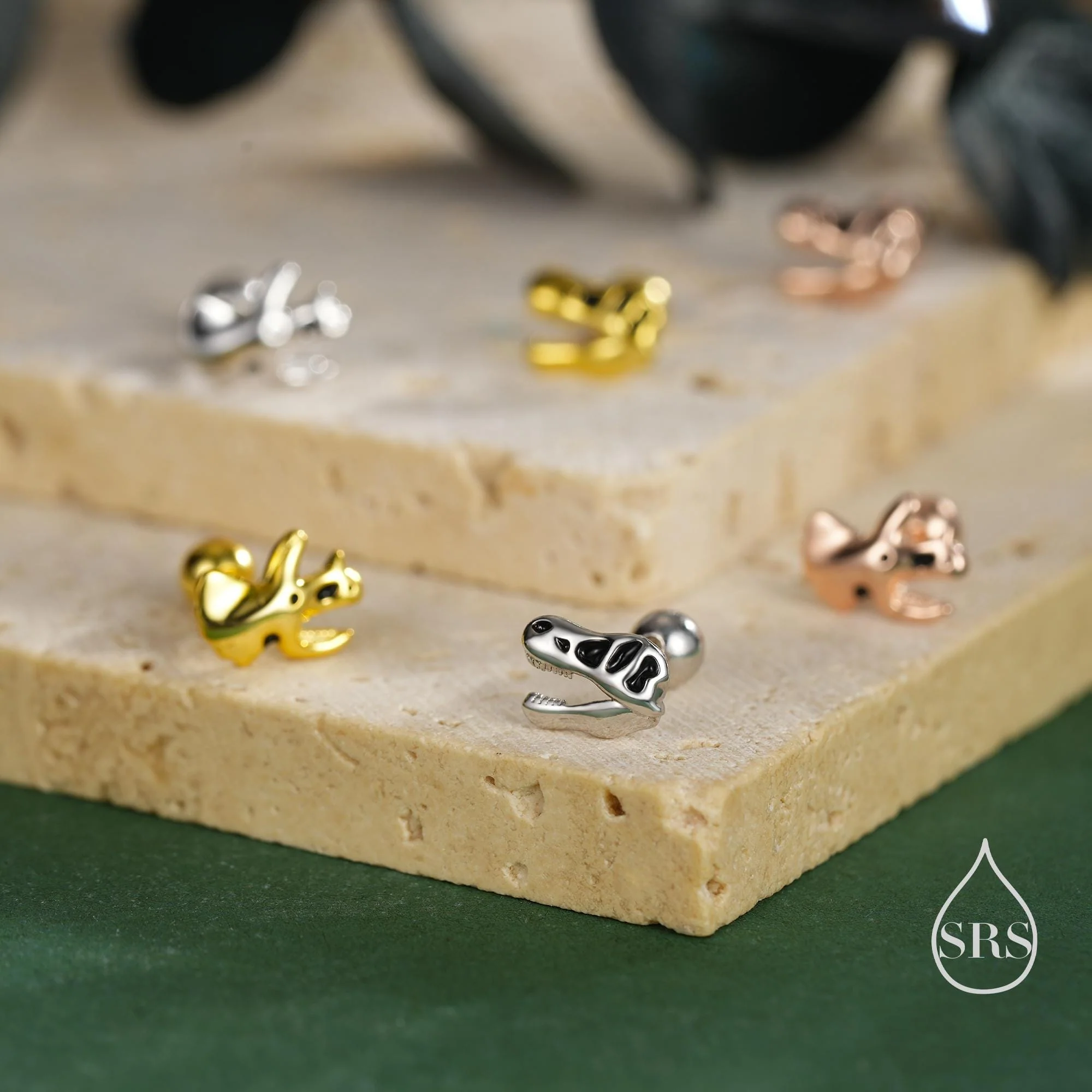 Mismatched Dinosaur Fossil 18G Screw Back Earrings in Sterling Silver, Oxidised Finish, Animal Earrings - Image 6