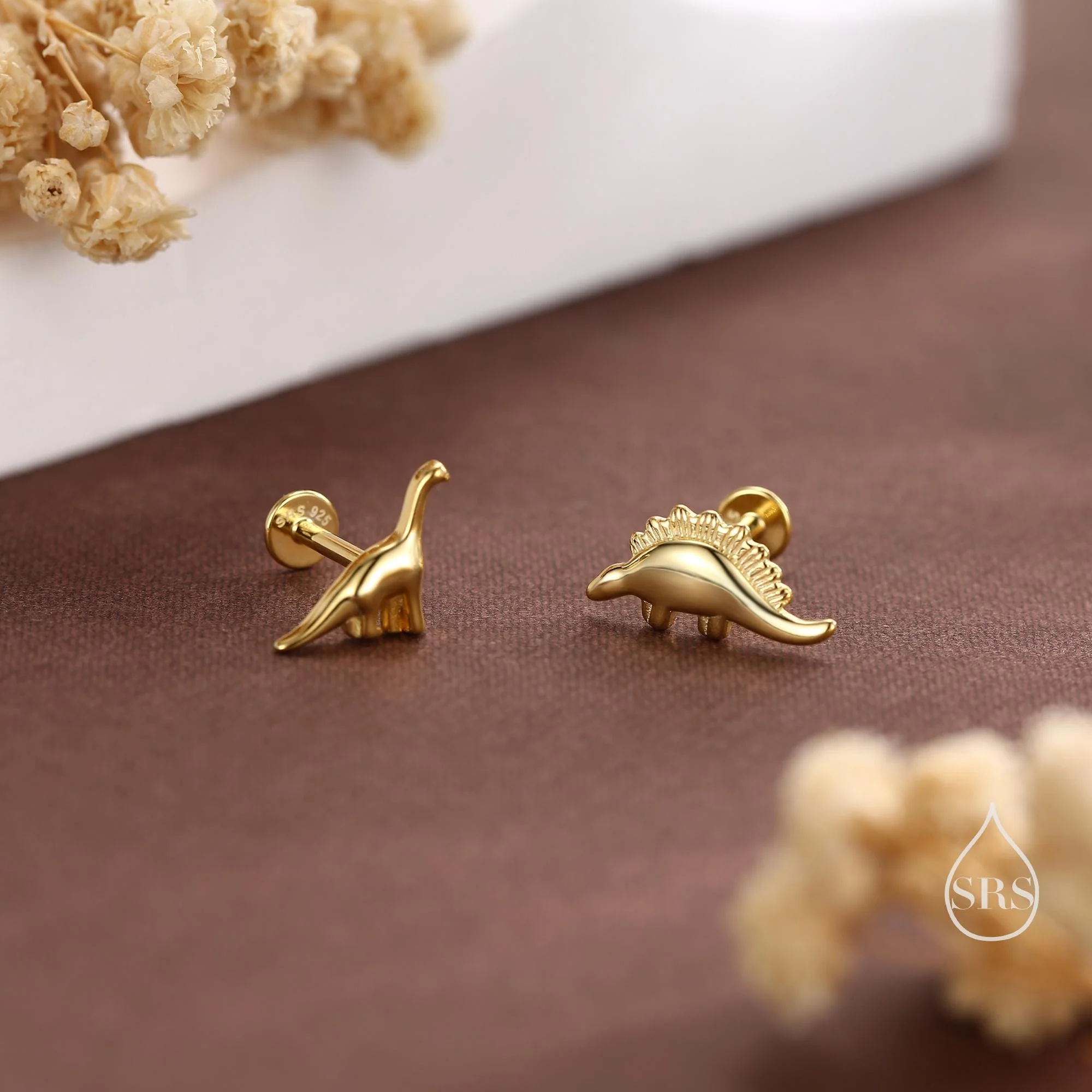 Mismatched Dinosaur 16G Internally Threaded Flat Back Earrings in Sterling Silver, Animal Earrings - Image 6