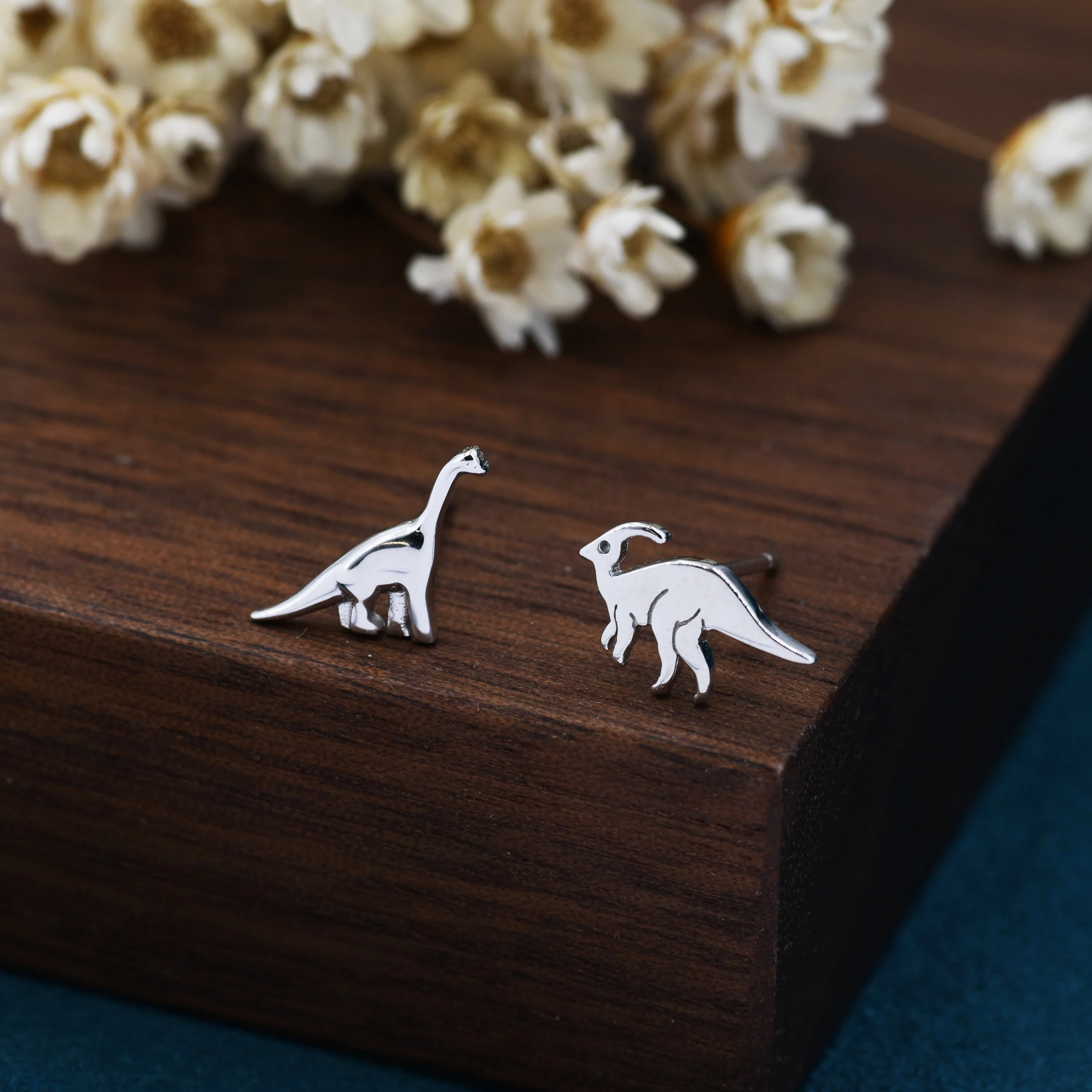Mismatched Dinosaur Stud Earrings in Sterling Silver, Asymmetric Parasaurolophus and Brachiosaurus Dino Earrings - Image 3