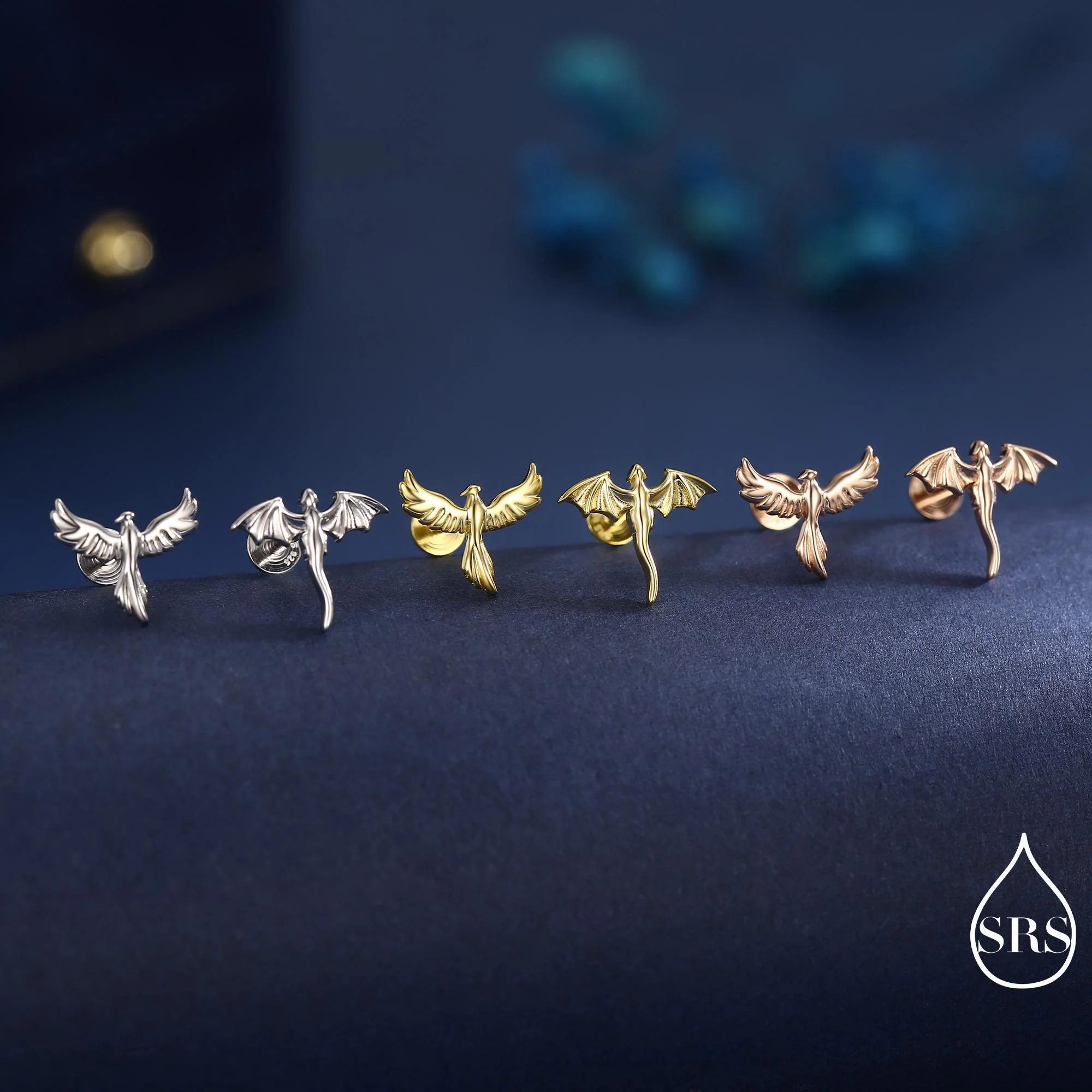 Mismatched Dragon and Phoenix Internally Threaded Flat Back/ Stud Earrings in Sterling Silver, Also Gold or Rose Gold Finish, Asymmetric - Image 8