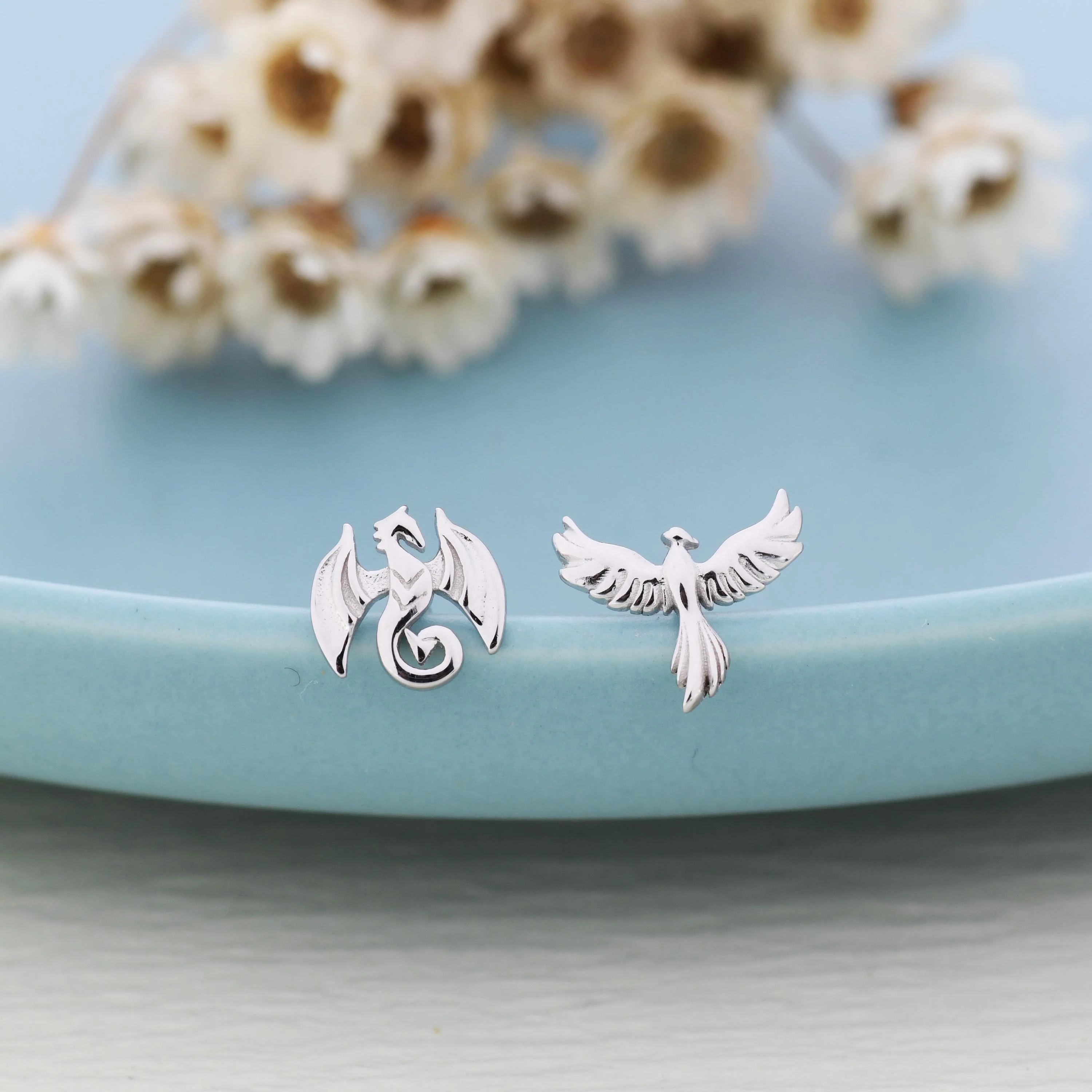 Mismatched Dragon and Phoenix Stud Earrings in Sterling Silver, Silver or Gold, Asymmetric Phoenix and Dragon Stud Earrings - Image 4
