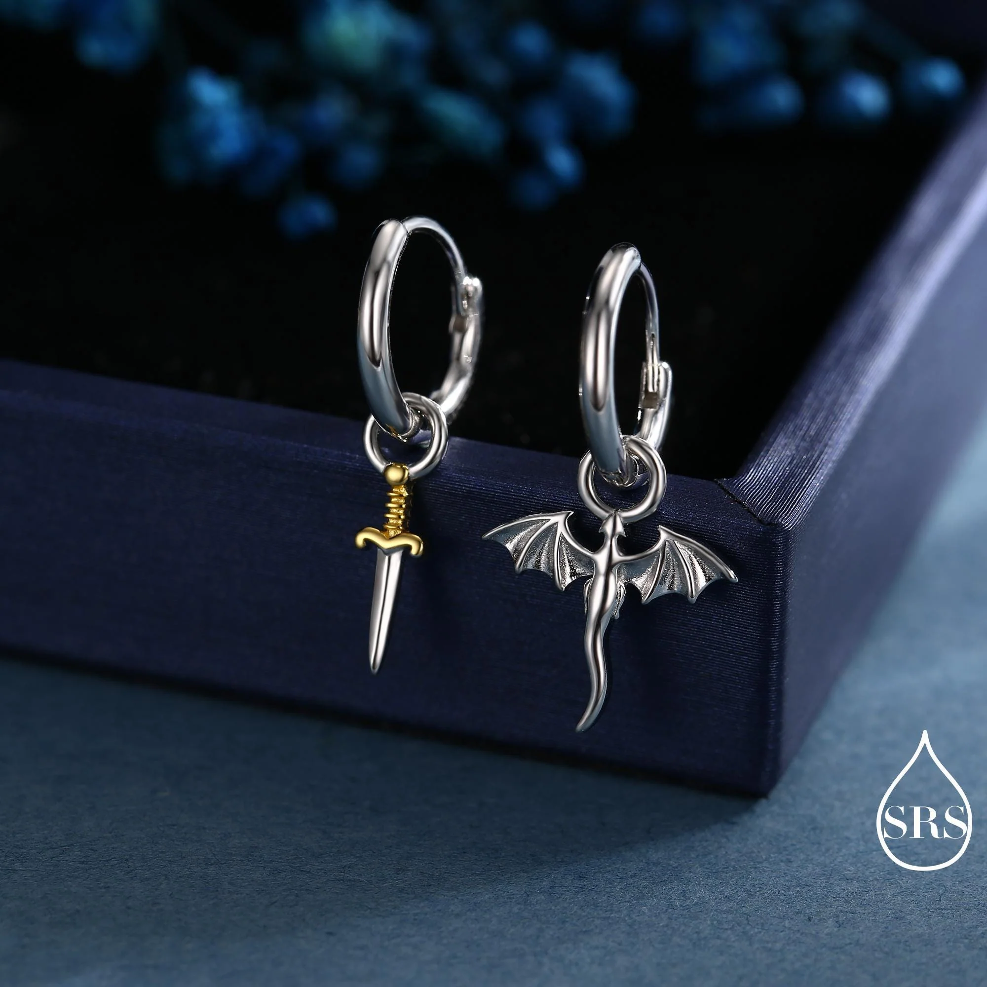Mismatched Dragon and Sword Huggie Hoops in Sterling Silver, Detachable Asymmetric Dragon and Sword Hoop Earrings - Image 2