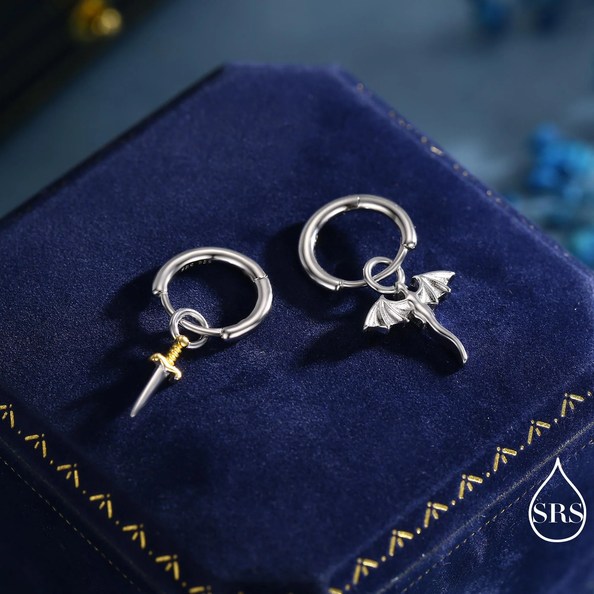 Mismatched Dragon and Sword Huggie Hoops in Sterling Silver, Detachable Asymmetric Dragon and Sword Hoop Earrings - Image 5
