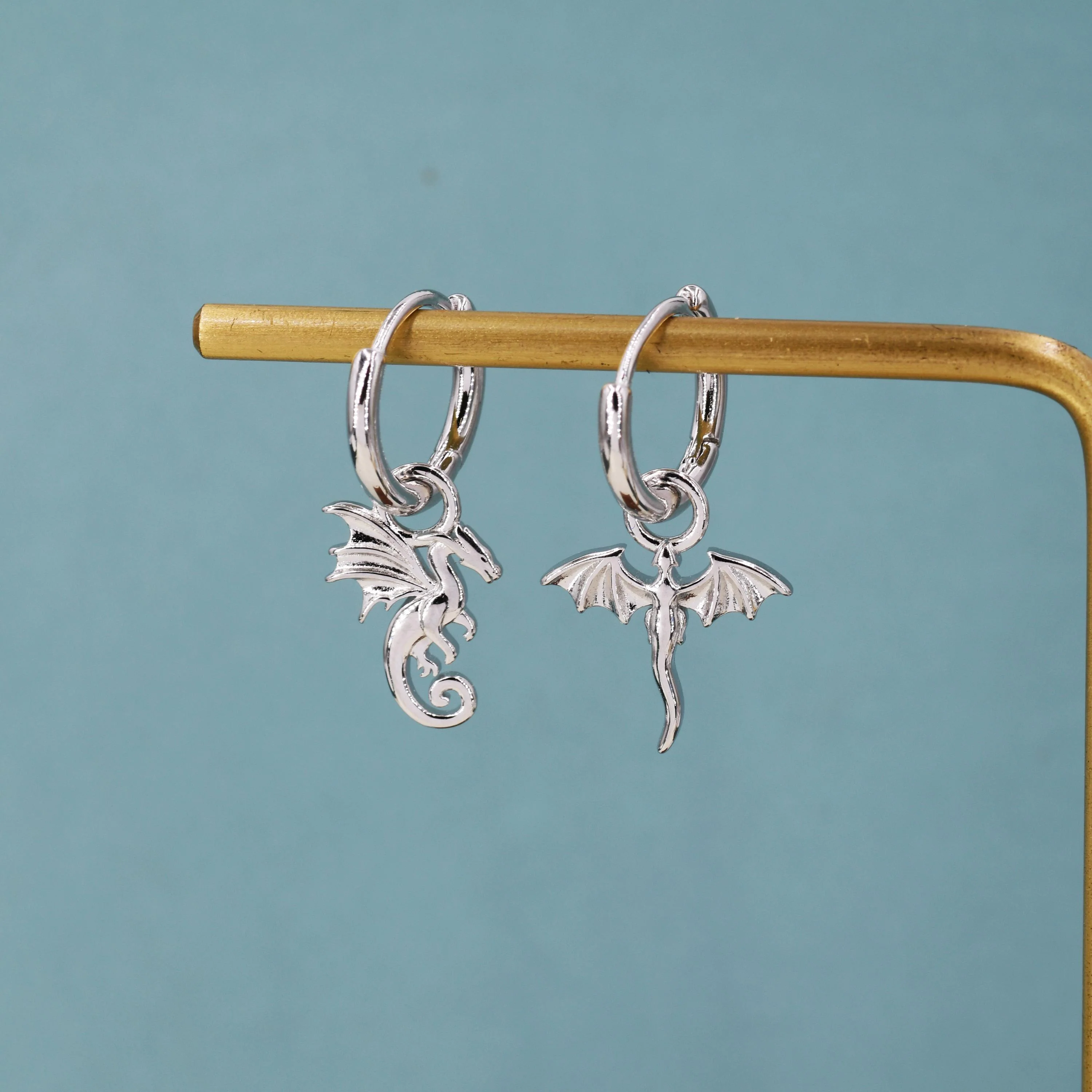 Mismatched Dragon Huggie Hoop in Sterling Silver, Silver or Gold or Rose Gold, Asymmetric, Detachable and Interchangeable - Image 2