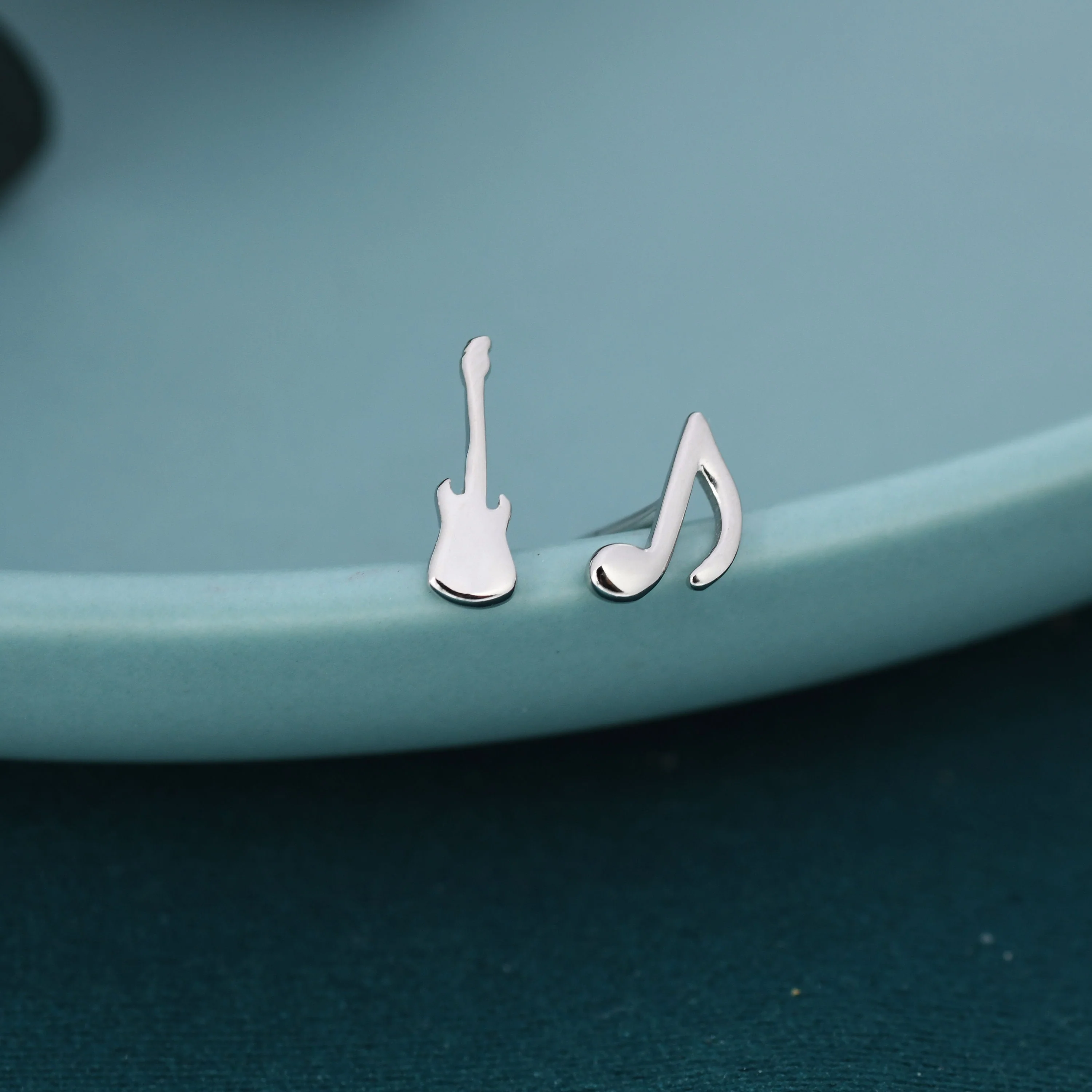 Mismatched Electric Guitar and Music Note Stud Earrings in Sterling Silver, Asymmetric Guitar and Music Earrings - Image 4