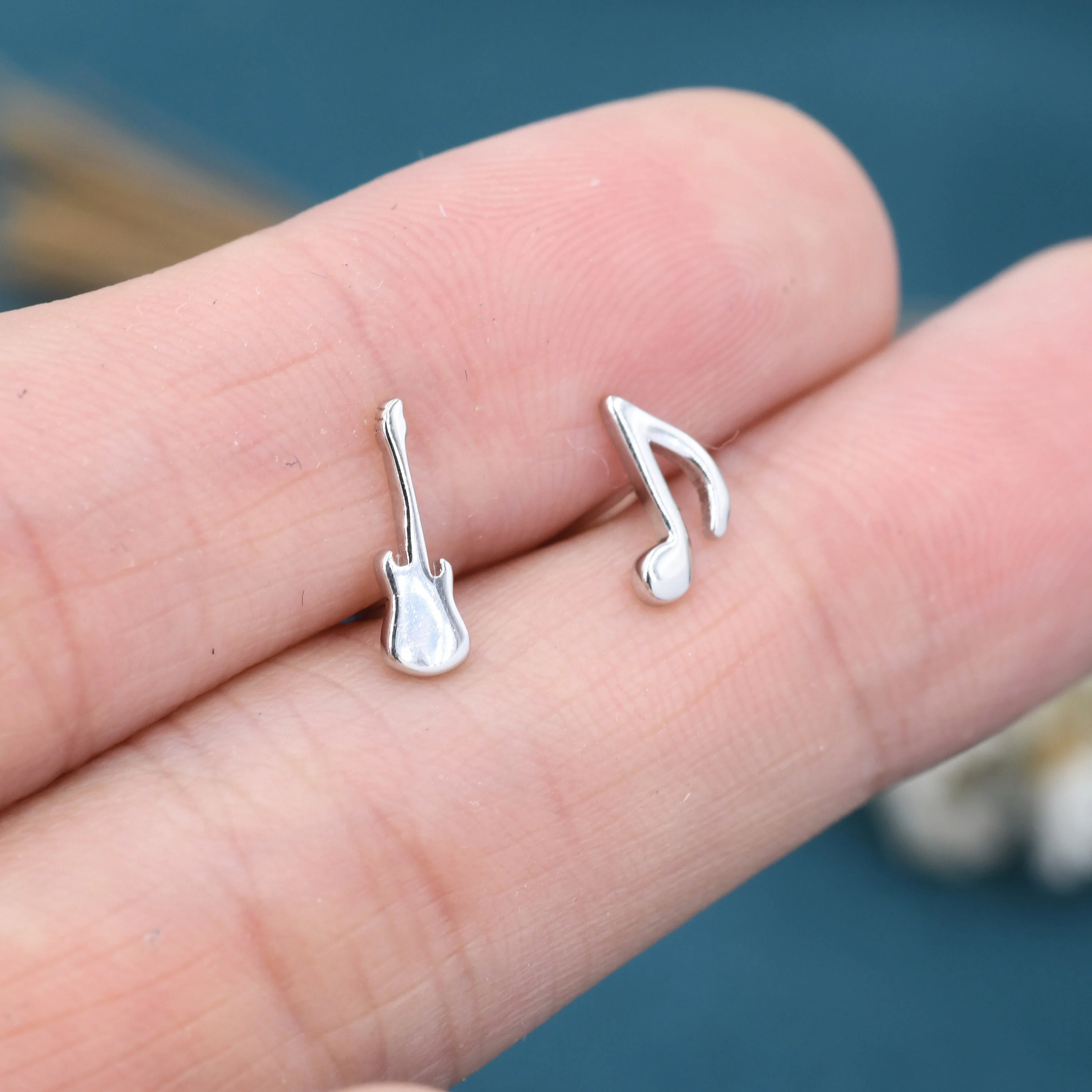 Mismatched Electric Guitar and Music Note Stud Earrings in Sterling Silver, Asymmetric Guitar and Music Earrings - Image 8
