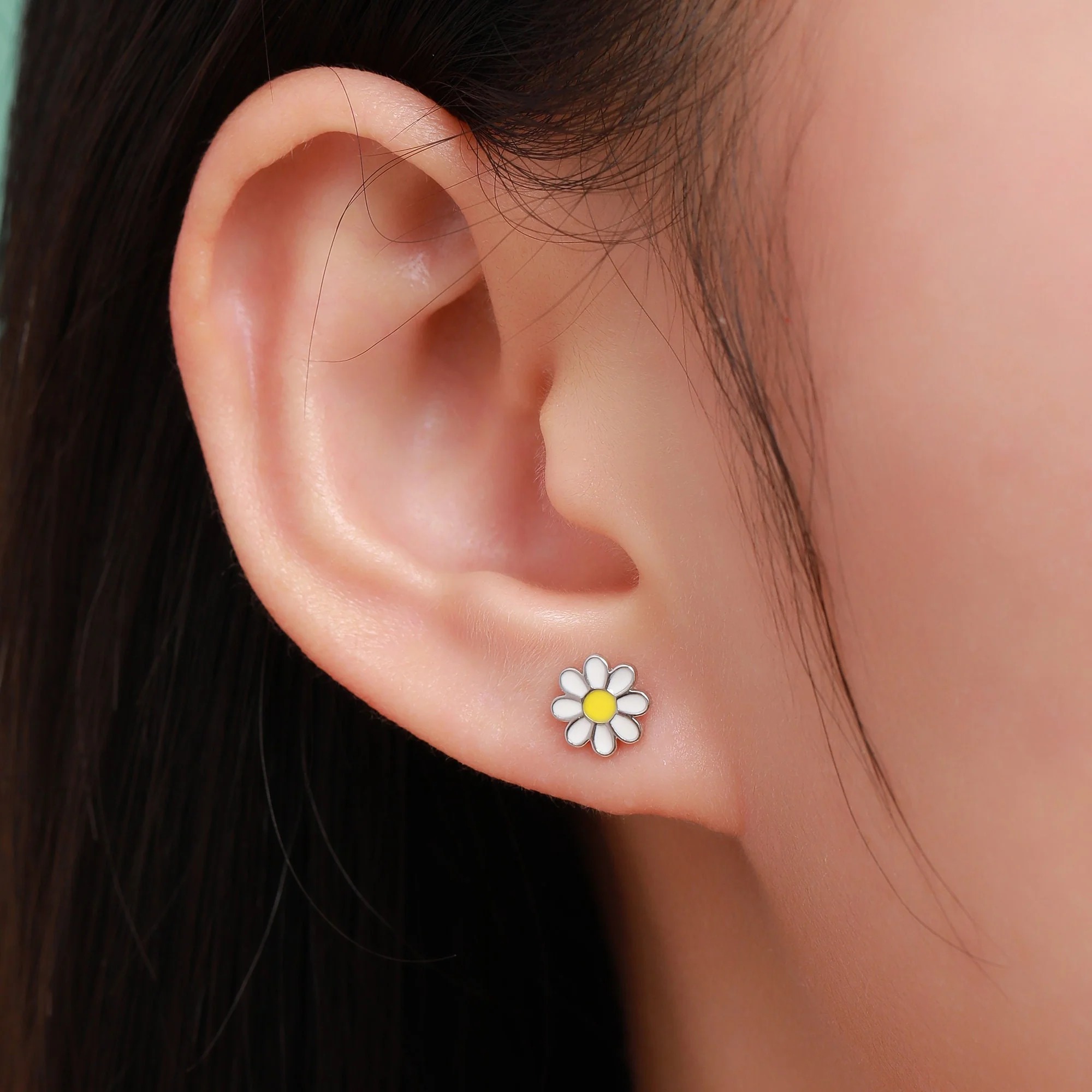 Mismatched Enamel Daisy and Forget Me Not Flower Stud Earrings in Sterling Silver, Asymmetric Forget me not and Daisy Flower Earrings, - Image 8