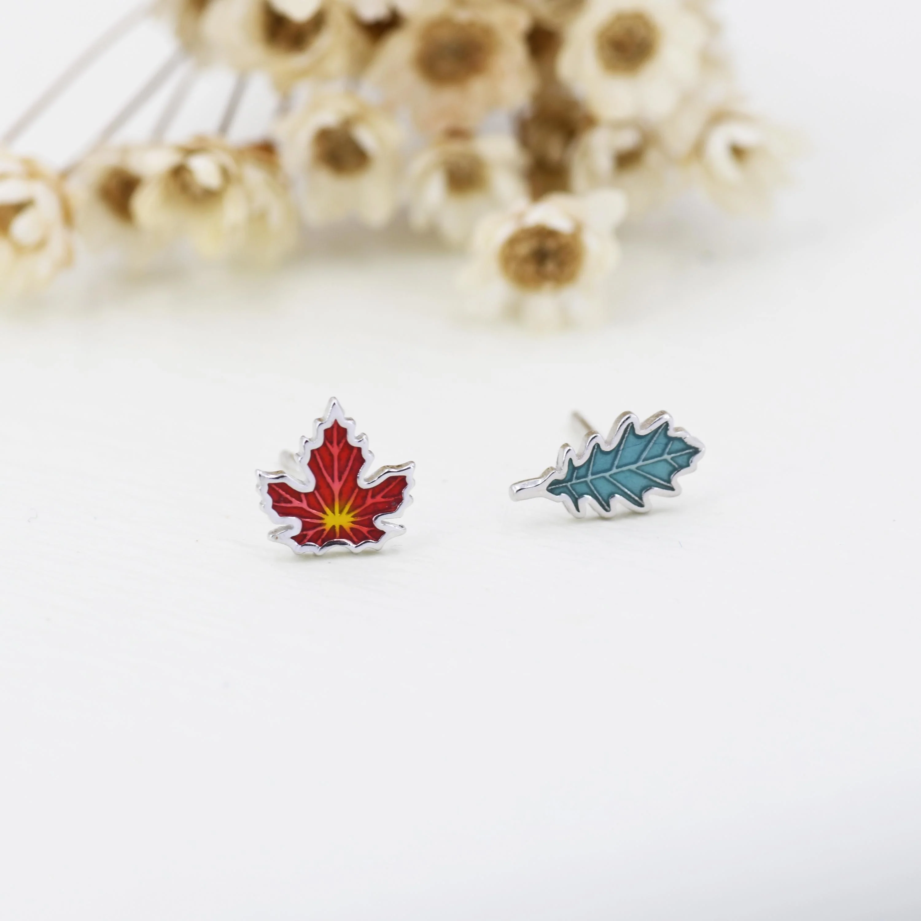Mismatched Enamel Maple Leaf and Oak Leaf Stud Earrings in Sterling Silver, Petite Asymmetric Oak Leaf and Maple Leaf Earrings - Image 3