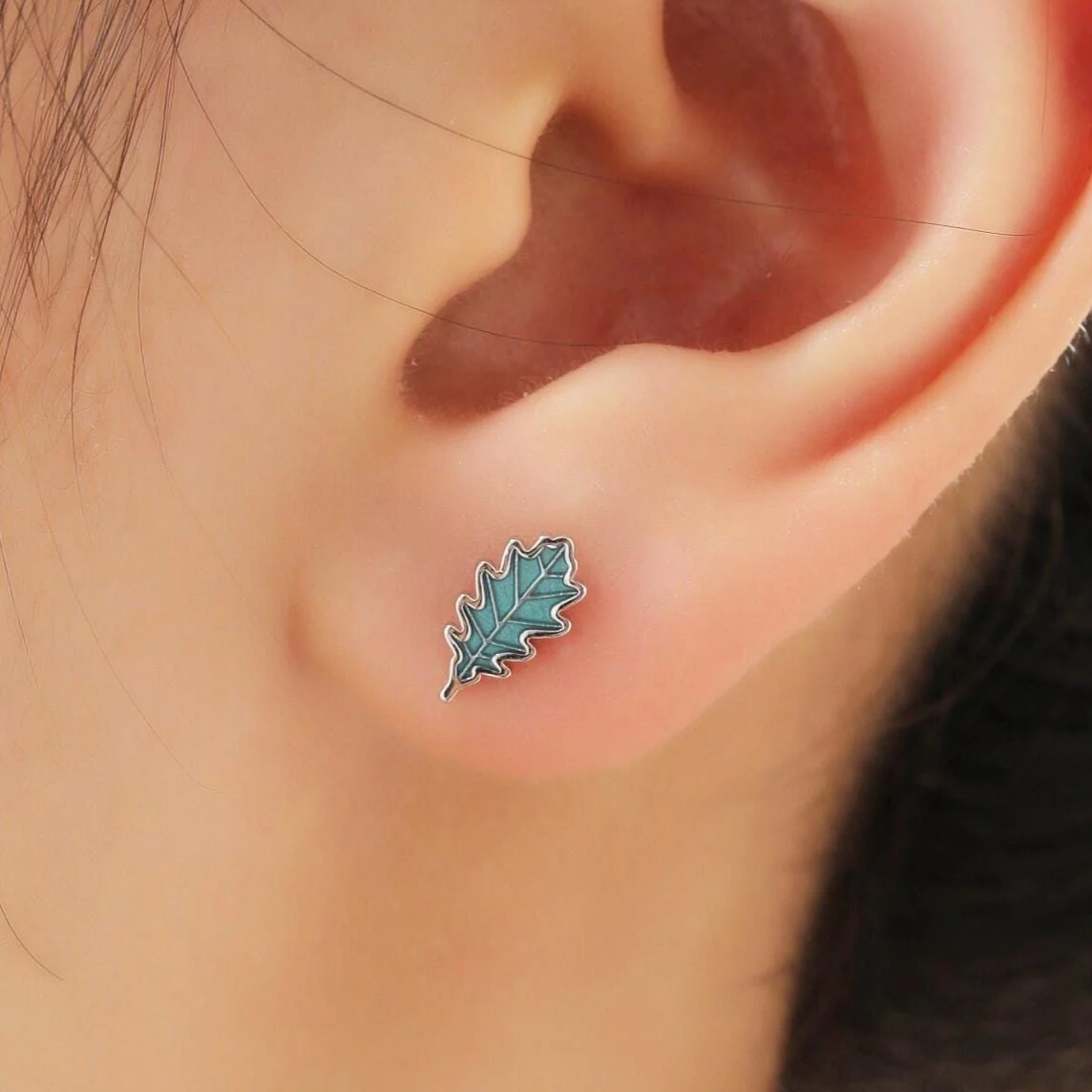 Mismatched Enamel Oak and Beech Leaf Stud Earrings in Sterling Silver, Asymmetric Beech and Acorn Leaf Earrings, Small Leaf Stud - Image 4
