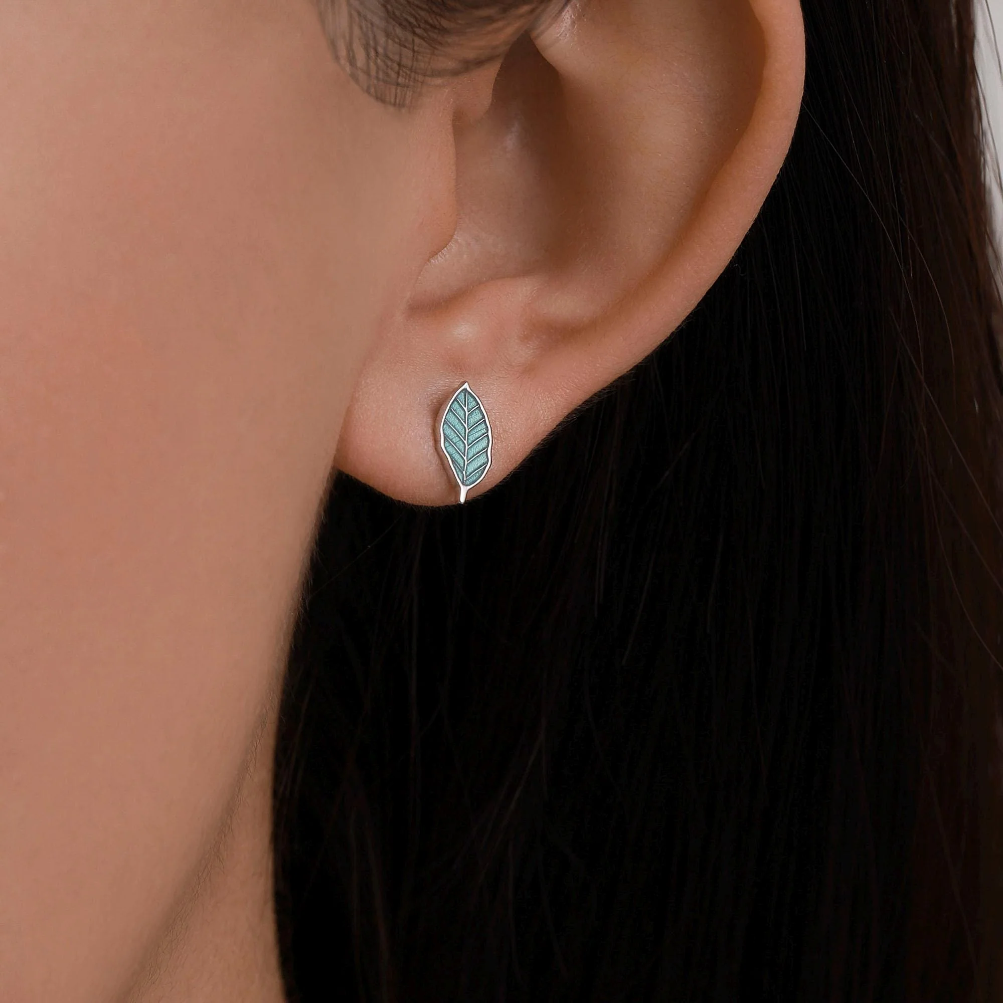 Mismatched Enamel Oak and Beech Leaf Stud Earrings in Sterling Silver, Asymmetric Beech and Acorn Leaf Earrings, Small Leaf Stud - Image 5