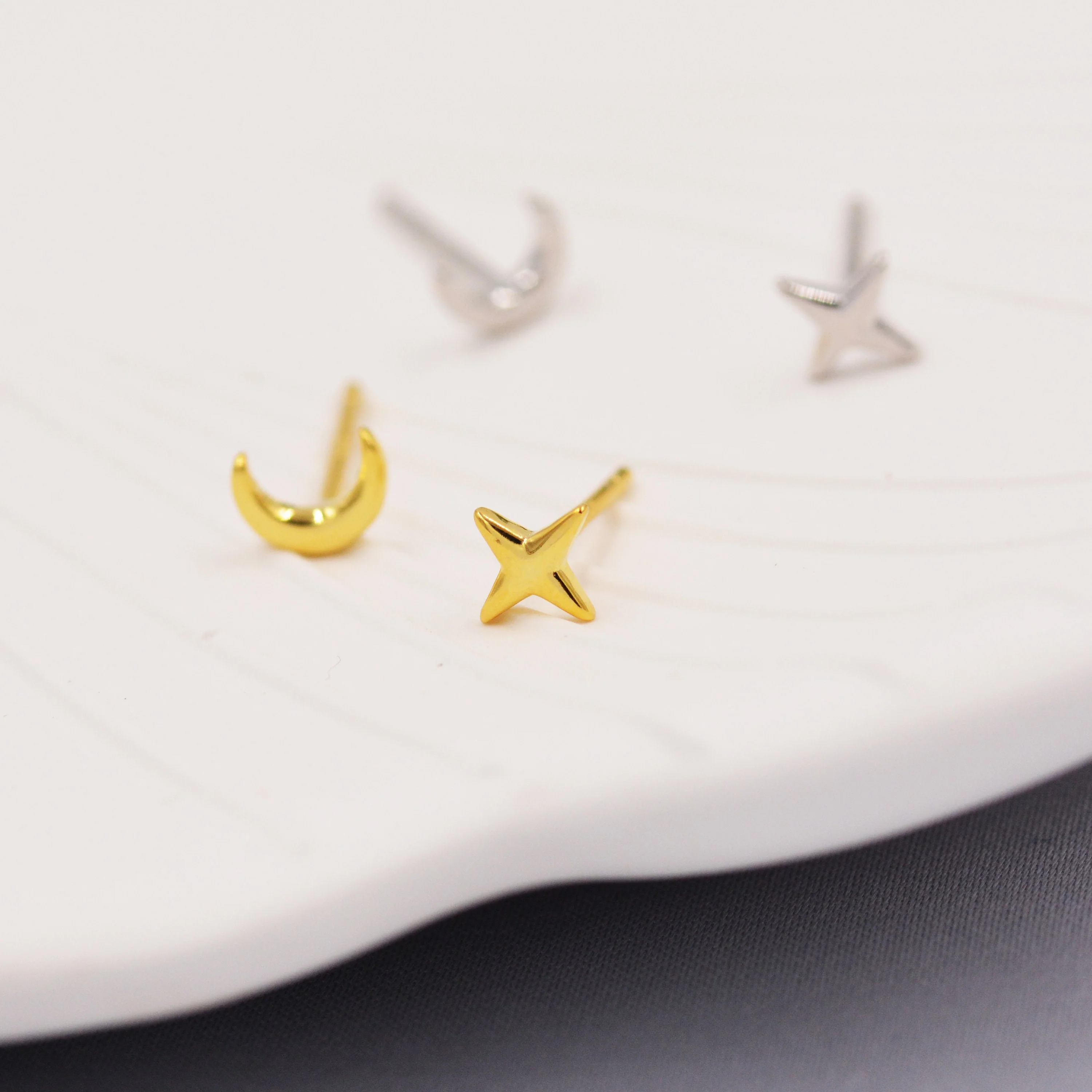 Mismatched Four Point Star and Moon Stud Earrings in Sterling Silver, Crescent Moon Celestial Stud, Polished or Textured, Gold or Silver - Image 2