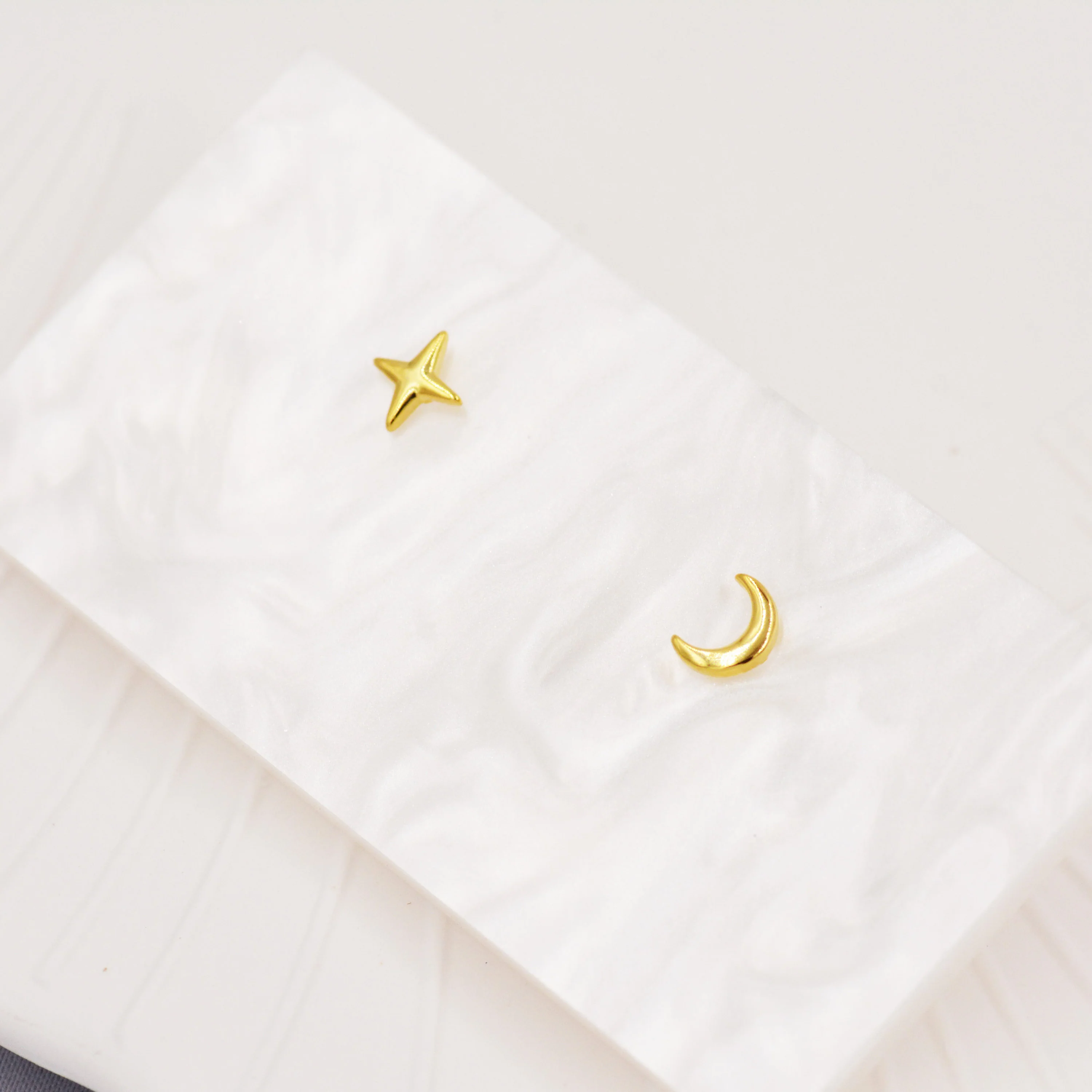 Mismatched Four Point Star and Moon Stud Earrings in Sterling Silver, Crescent Moon Celestial Stud, Polished or Textured, Gold or Silver - Image 3