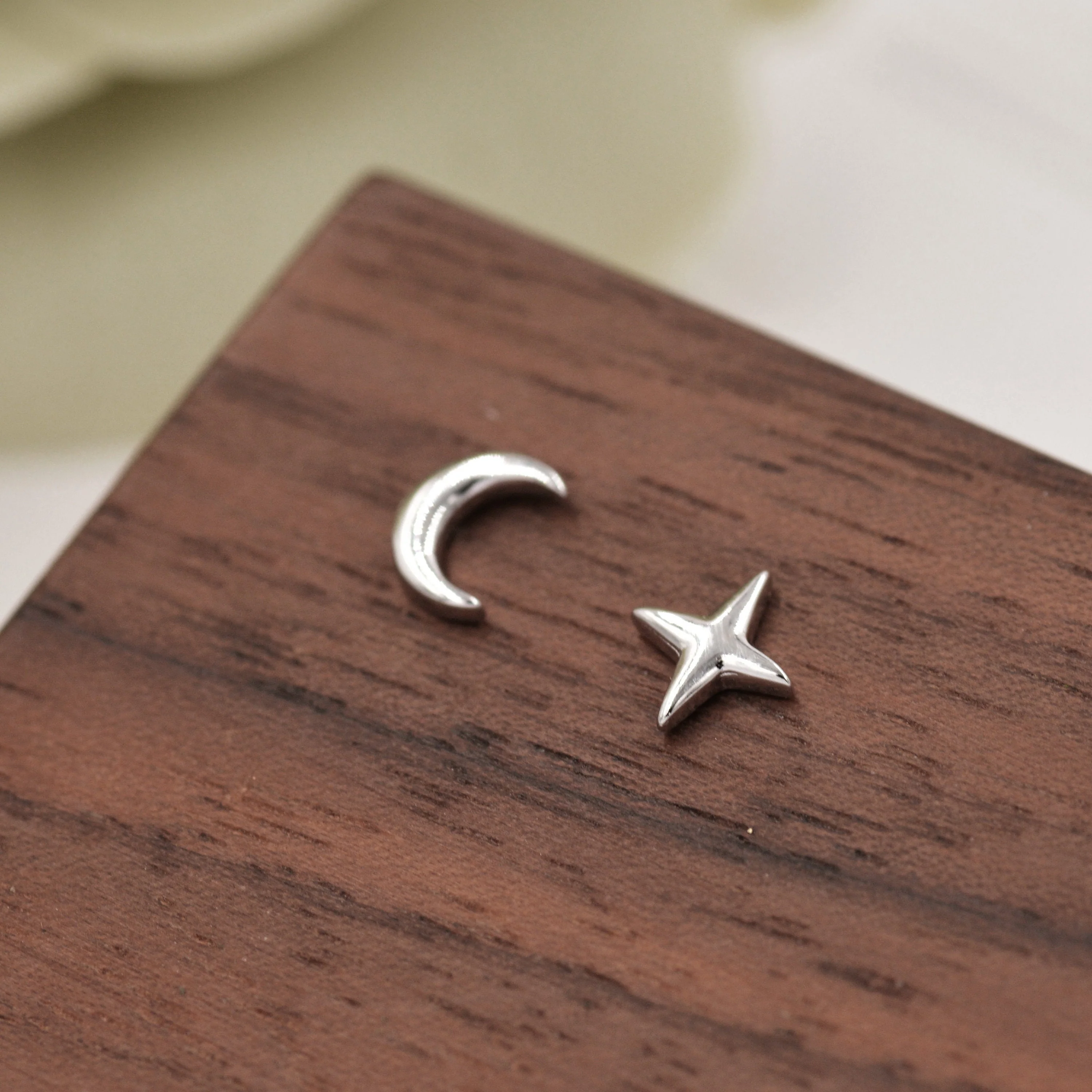 Mismatched Four Point Star and Moon Stud Earrings in Sterling Silver, Crescent Moon Celestial Stud, Polished or Textured, Gold or Silver - Image 4