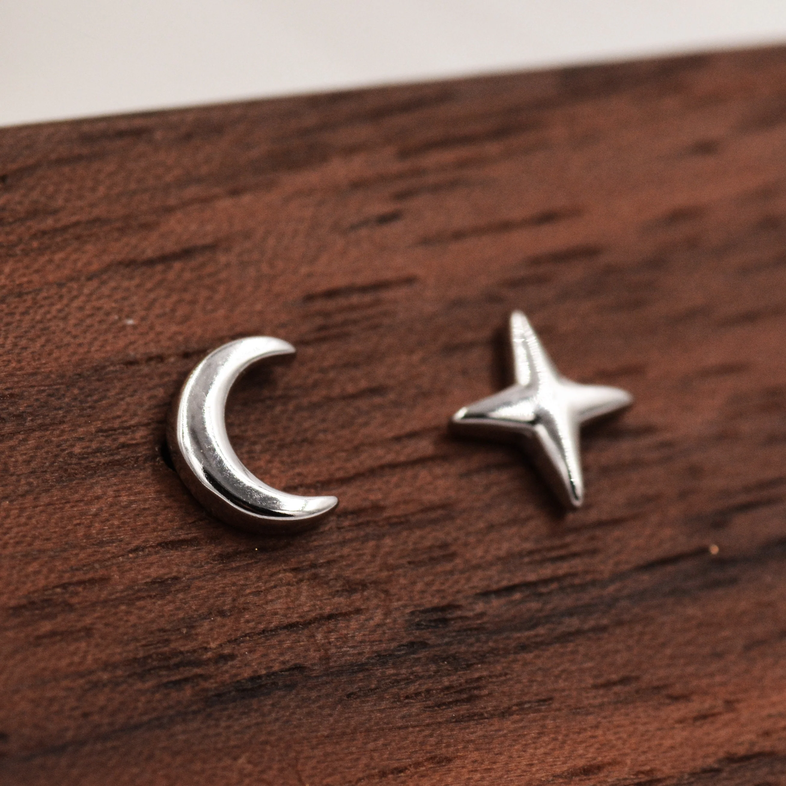 Mismatched Four Point Star and Moon Stud Earrings in Sterling Silver, Crescent Moon Celestial Stud, Polished or Textured, Gold or Silver - Image 5