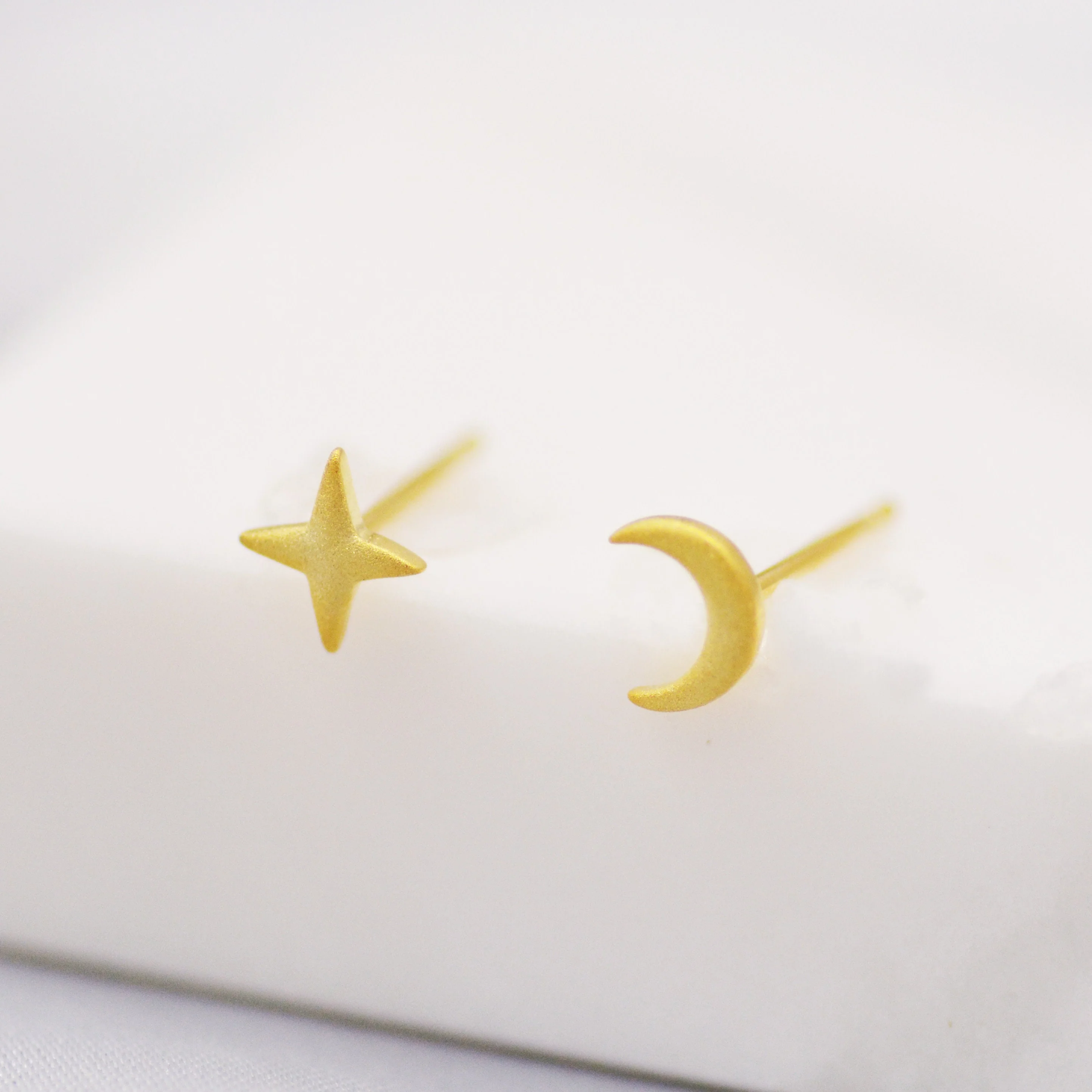 Mismatched Four Point Star and Moon Stud Earrings in Sterling Silver, Crescent Moon Celestial Stud, Polished or Textured, Gold or Silver - Image 7