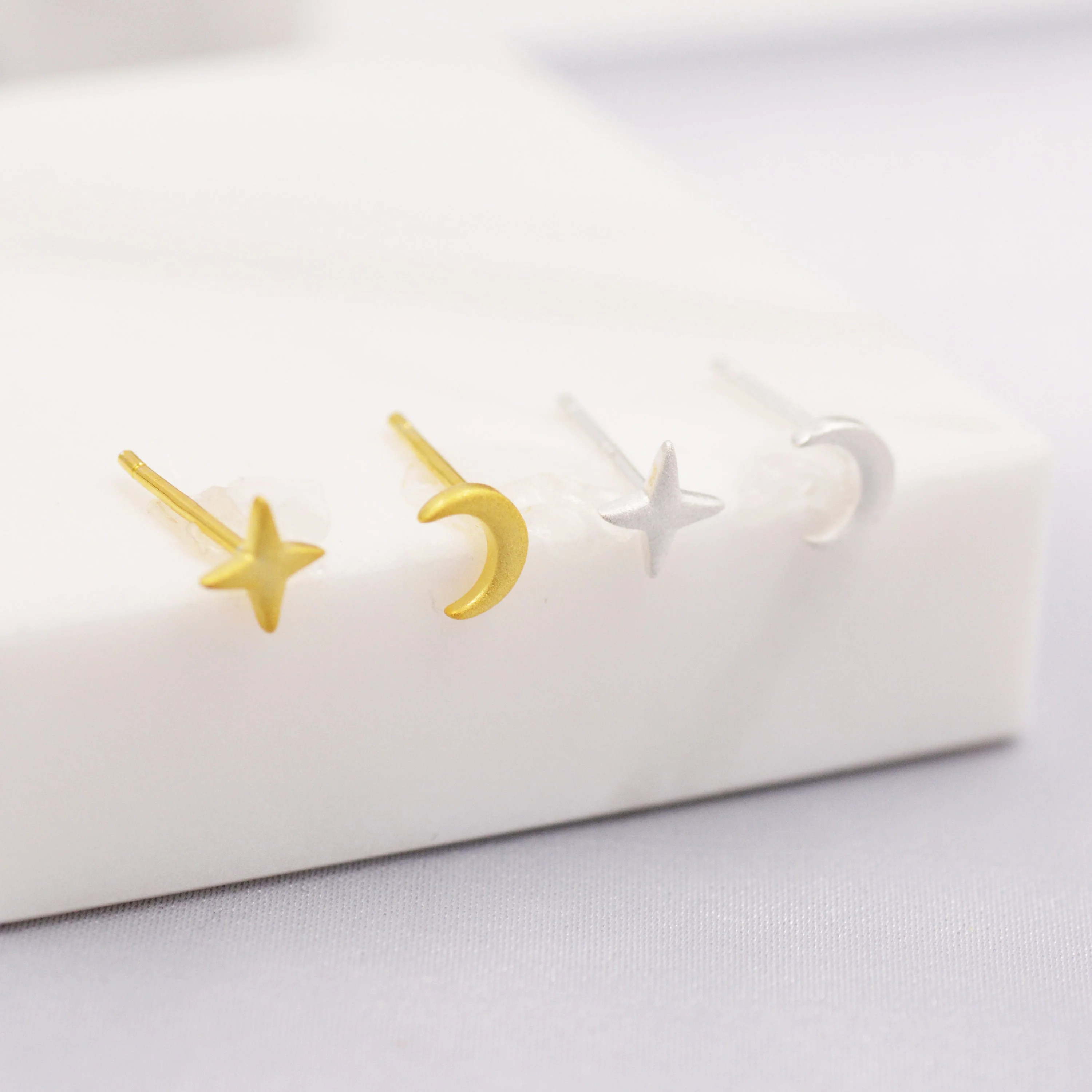 Mismatched Four Point Star and Moon Stud Earrings in Sterling Silver, Crescent Moon Celestial Stud, Polished or Textured, Gold or Silver - Image 8