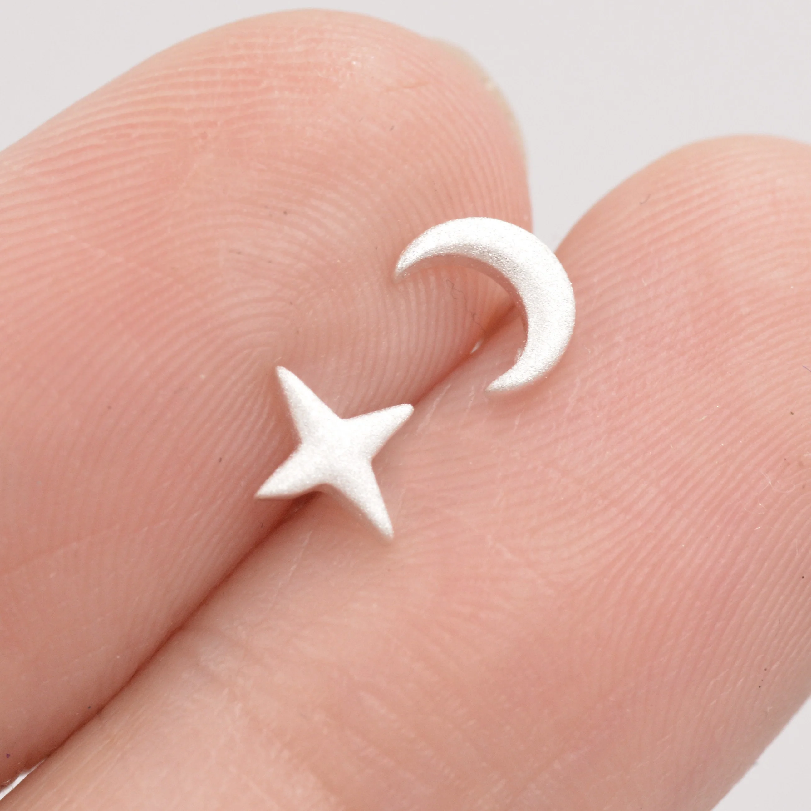 Mismatched Four Point Star and Moon Stud Earrings in Sterling Silver, Crescent Moon Celestial Stud, Polished or Textured, Gold or Silver - Image 9