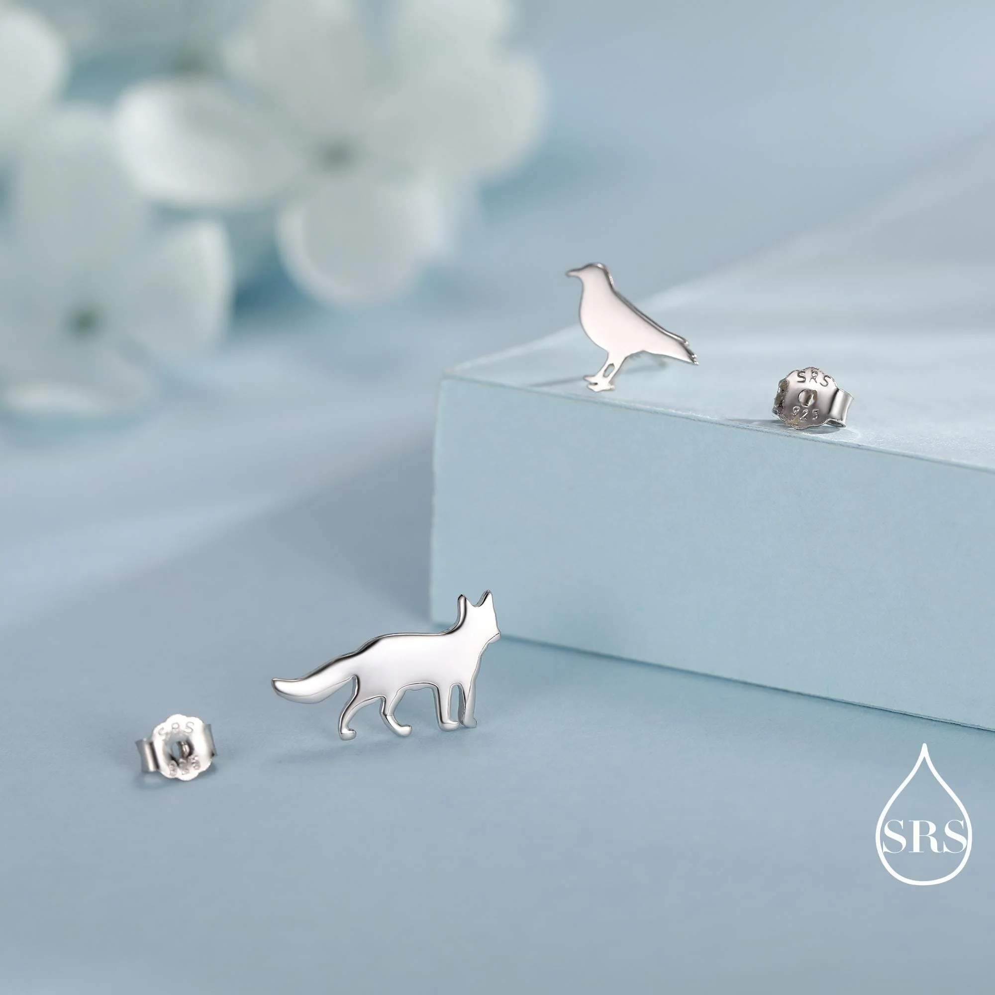 Mismatched Fox and Crow Stud Earrings in Sterling Silver, Cute Fun Quirky, Silver or Gold Finish, Gift for Her, Animal Lover - Image 2
