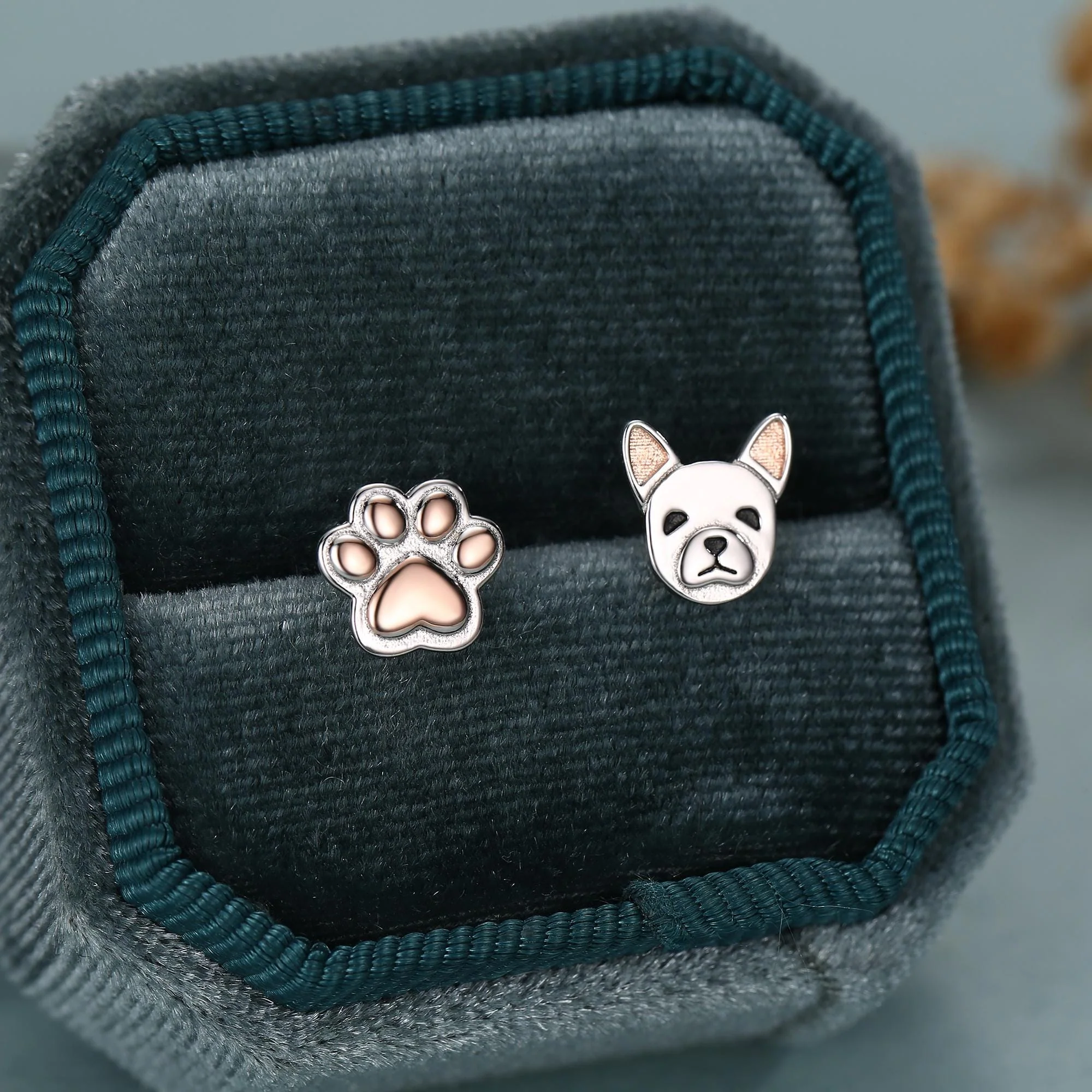 Mismatched French Bulldog and Paw Print Stud Earrings in Sterling Silver - Dog Paw Stud Earrings - Two Tone Finish - Pet Lover - Image 2