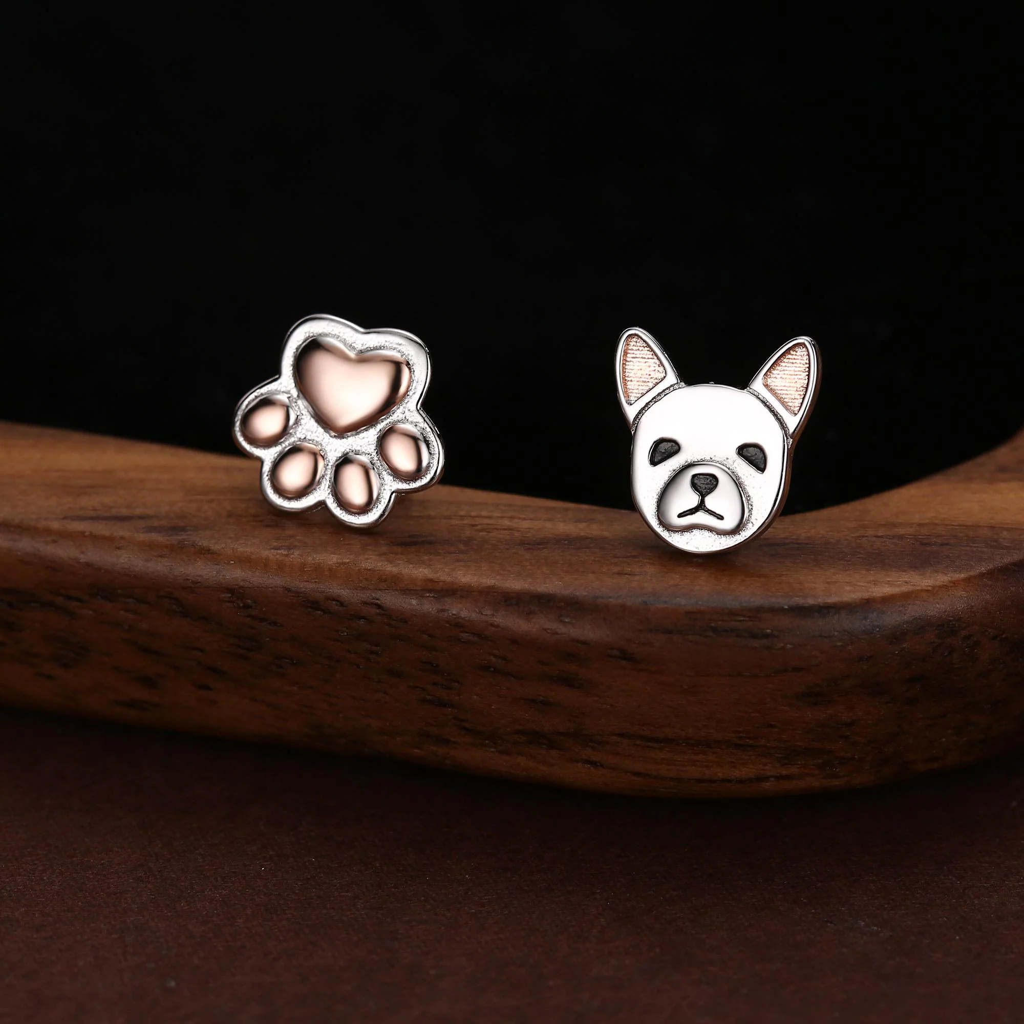 Mismatched French Bulldog and Paw Print Stud Earrings in Sterling Silver - Dog Paw Stud Earrings - Two Tone Finish - Pet Lover - Image 3