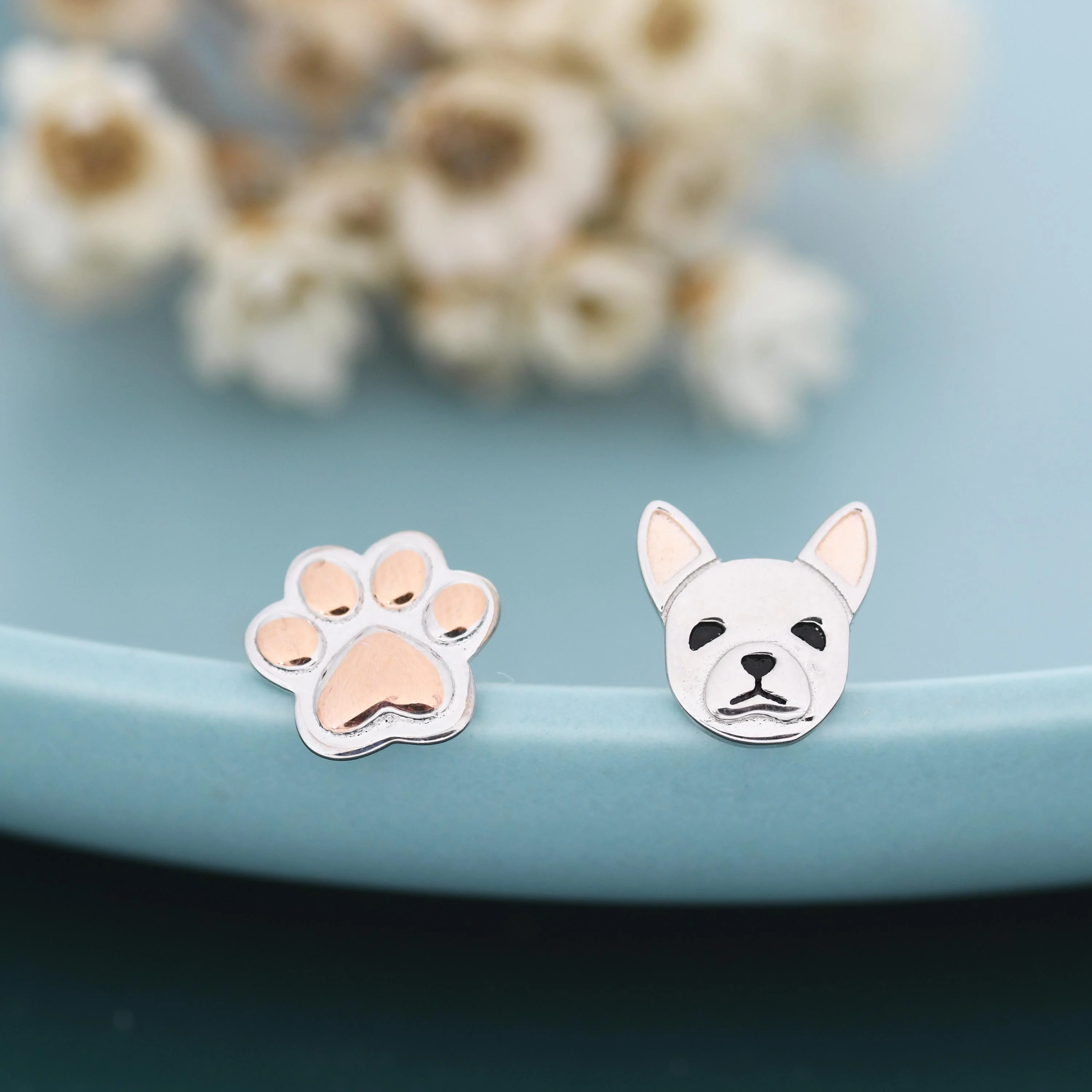 Mismatched French Bulldog and Paw Print Stud Earrings in Sterling Silver - Dog Paw Stud Earrings - Two Tone Finish - Pet Lover - Image 4