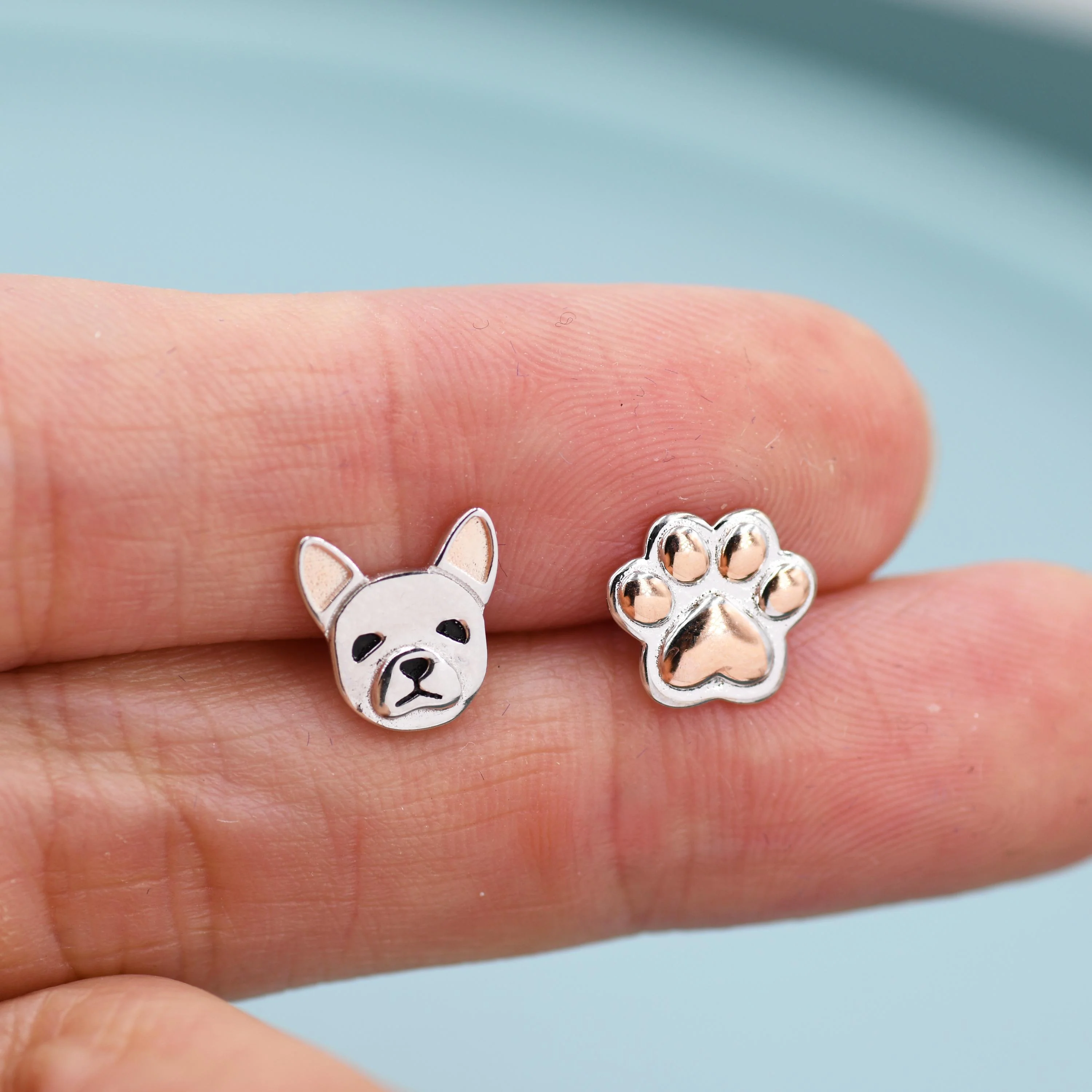 Mismatched French Bulldog and Paw Print Stud Earrings in Sterling Silver - Dog Paw Stud Earrings - Two Tone Finish - Pet Lover - Image 5