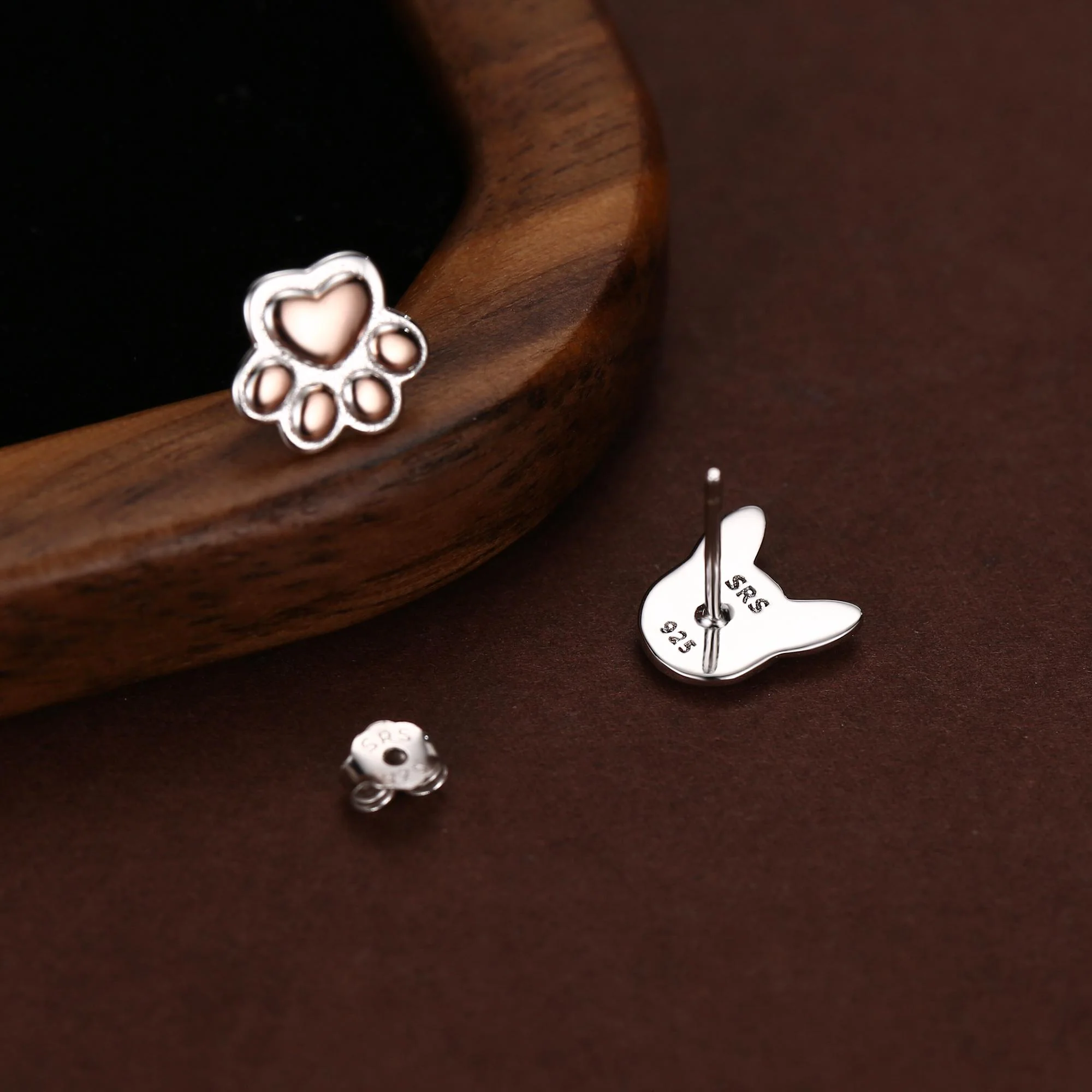 Mismatched French Bulldog and Paw Print Stud Earrings in Sterling Silver - Dog Paw Stud Earrings - Two Tone Finish - Pet Lover - Image 6