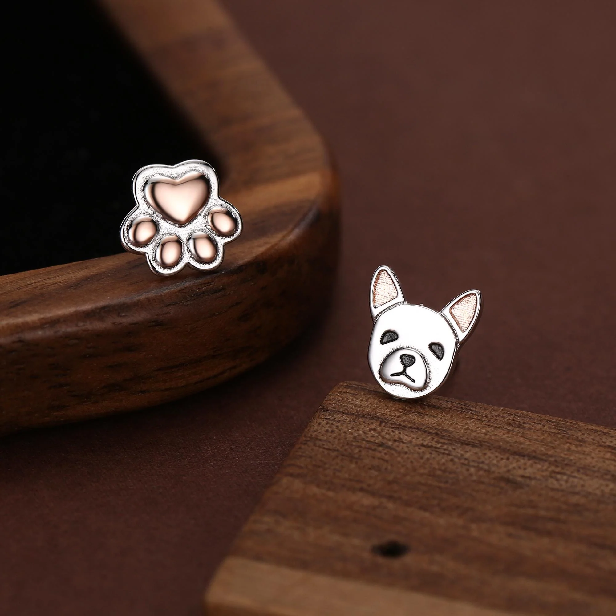 Mismatched French Bulldog and Paw Print Stud Earrings in Sterling Silver - Dog Paw Stud Earrings - Two Tone Finish - Pet Lover - Image 7