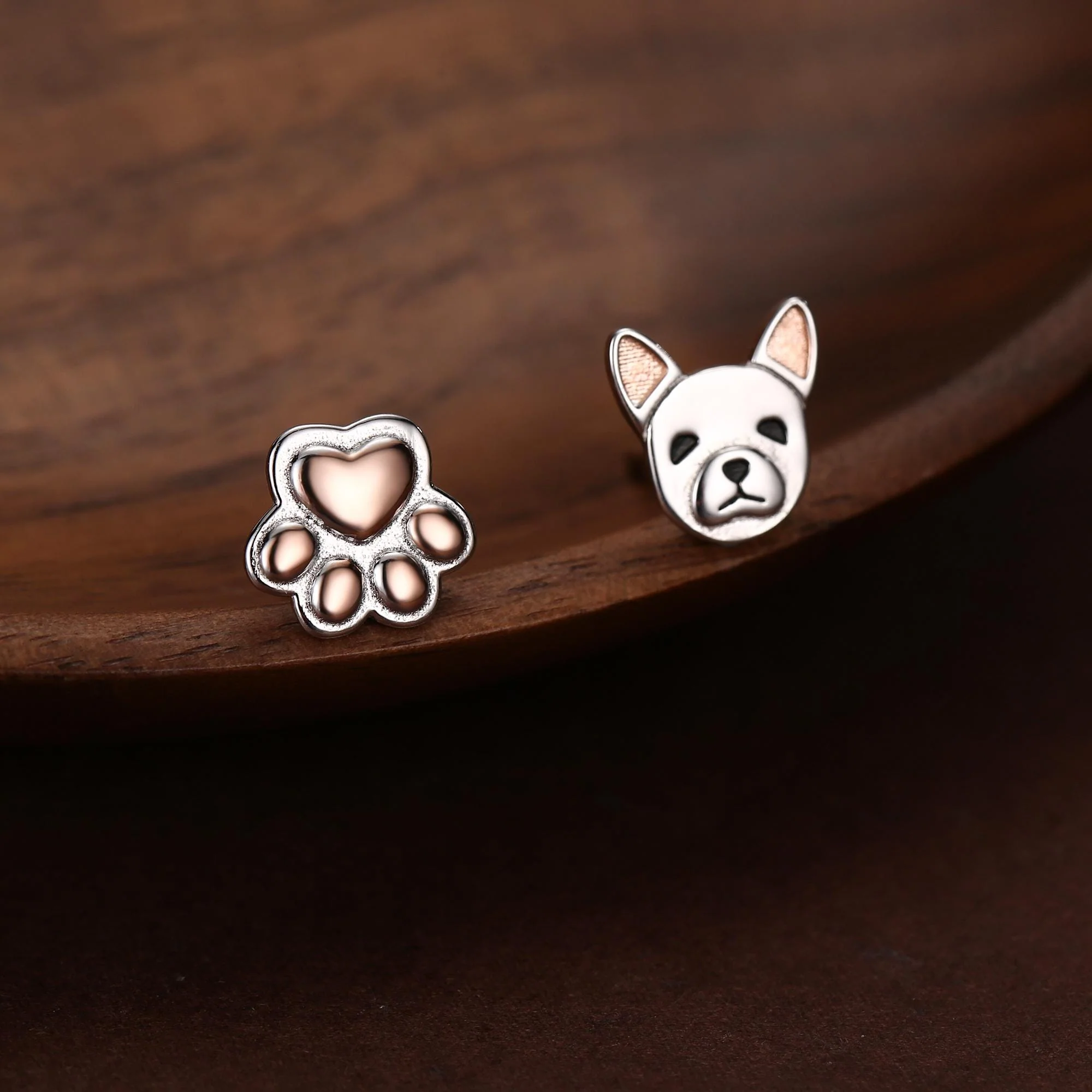 Mismatched French Bulldog and Paw Print Stud Earrings in Sterling Silver - Dog Paw Stud Earrings - Two Tone Finish - Pet Lover - Image 8