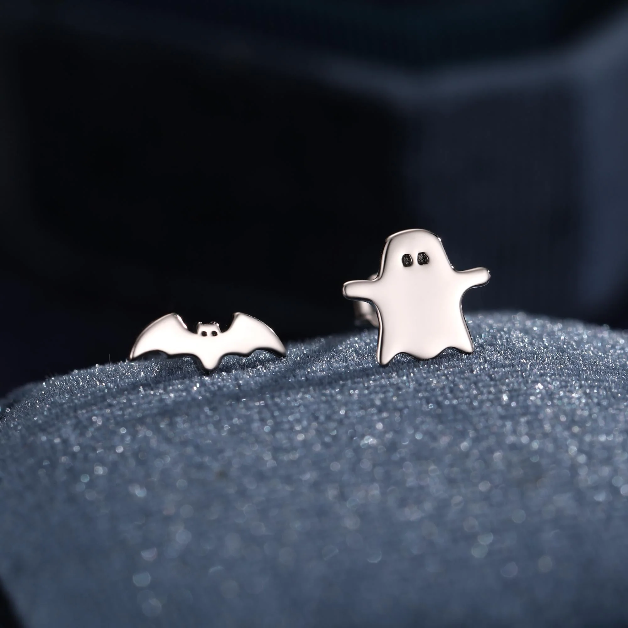 Mismatched Ghost and Bat Stud Earrings in Sterling Silver, Tiny Asymmetric Bat and Ghost Earrings - Image 4