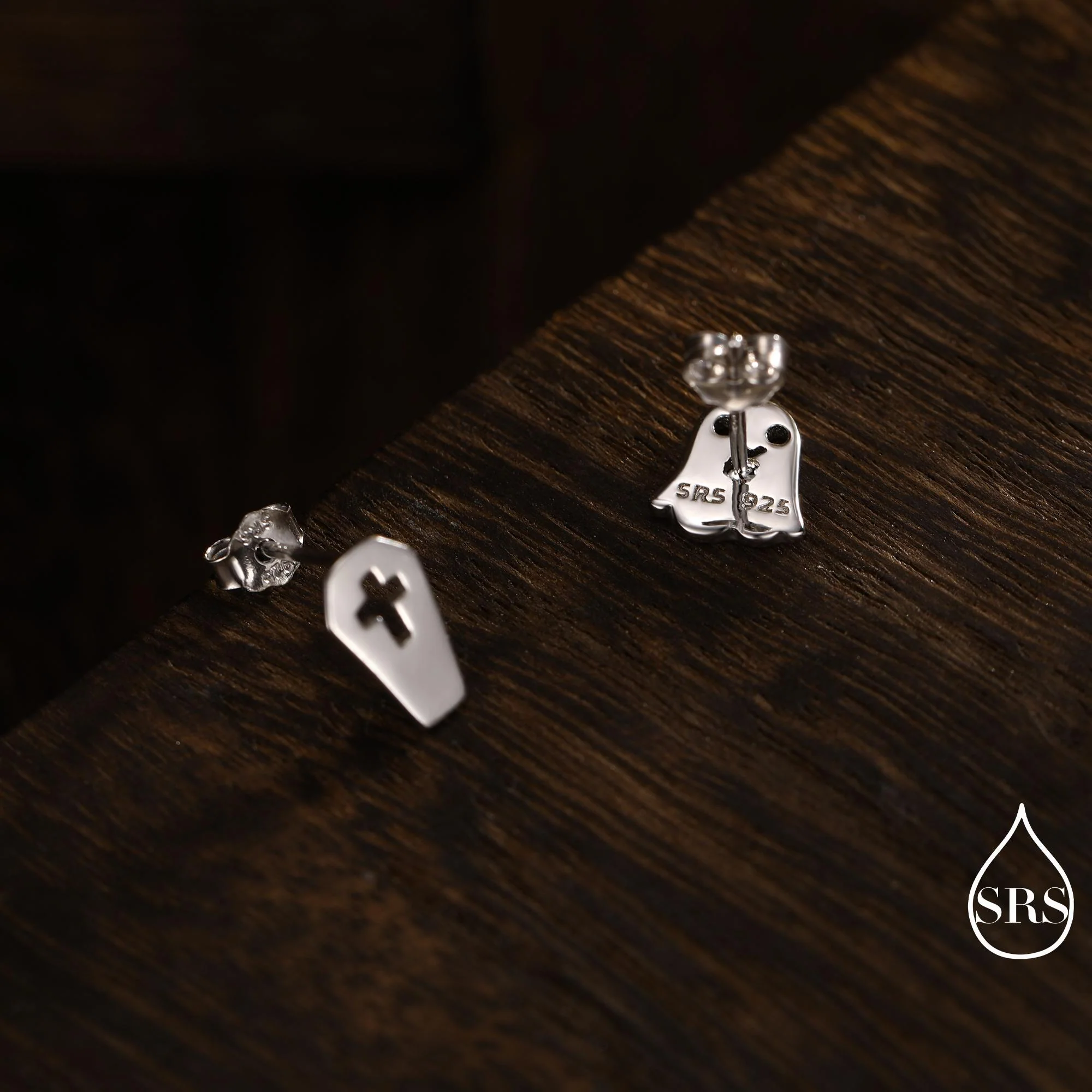 Mismatched Ghost and Coffin Stud Earrings in Sterling Silver, Asymmetric Tiny Ghost Earrings, Cute Halloween Jewellery - Image 4