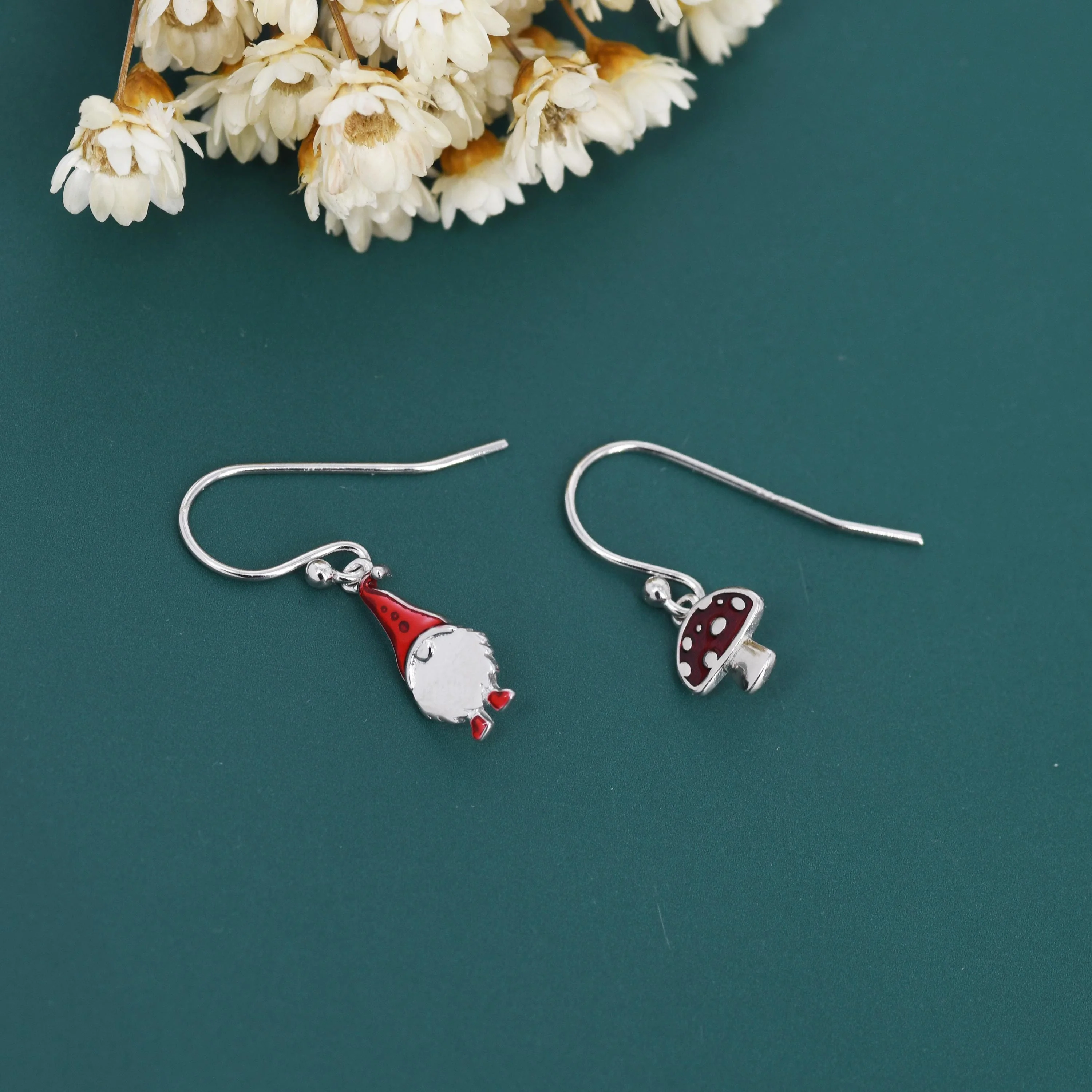 Mismatched Gnome and Mushroom Drop Hook Earrings in Sterling Silver with Hand Painted Enamel, Winter Earrings, Autumn Earrings - Image 5