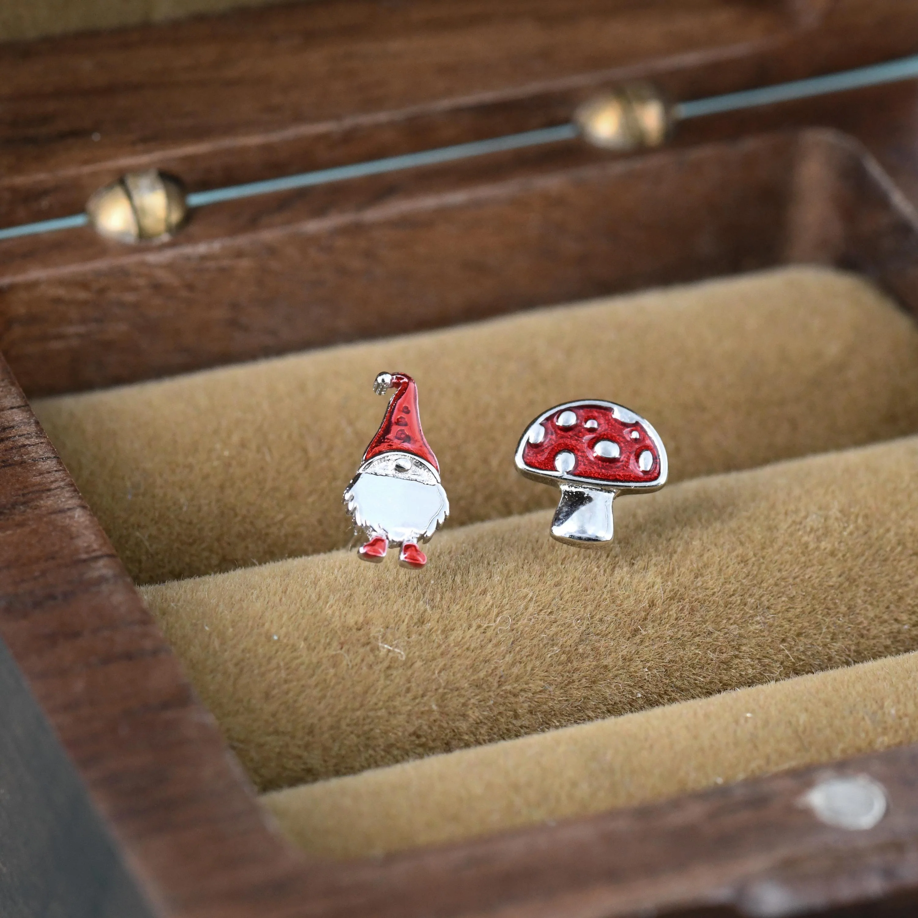 Mismatched Gnome and Mushroom Stud Earrings in Sterling Silver with Hand Painted Enamel, Winter Earrings, Christmas Earrings - Image 3