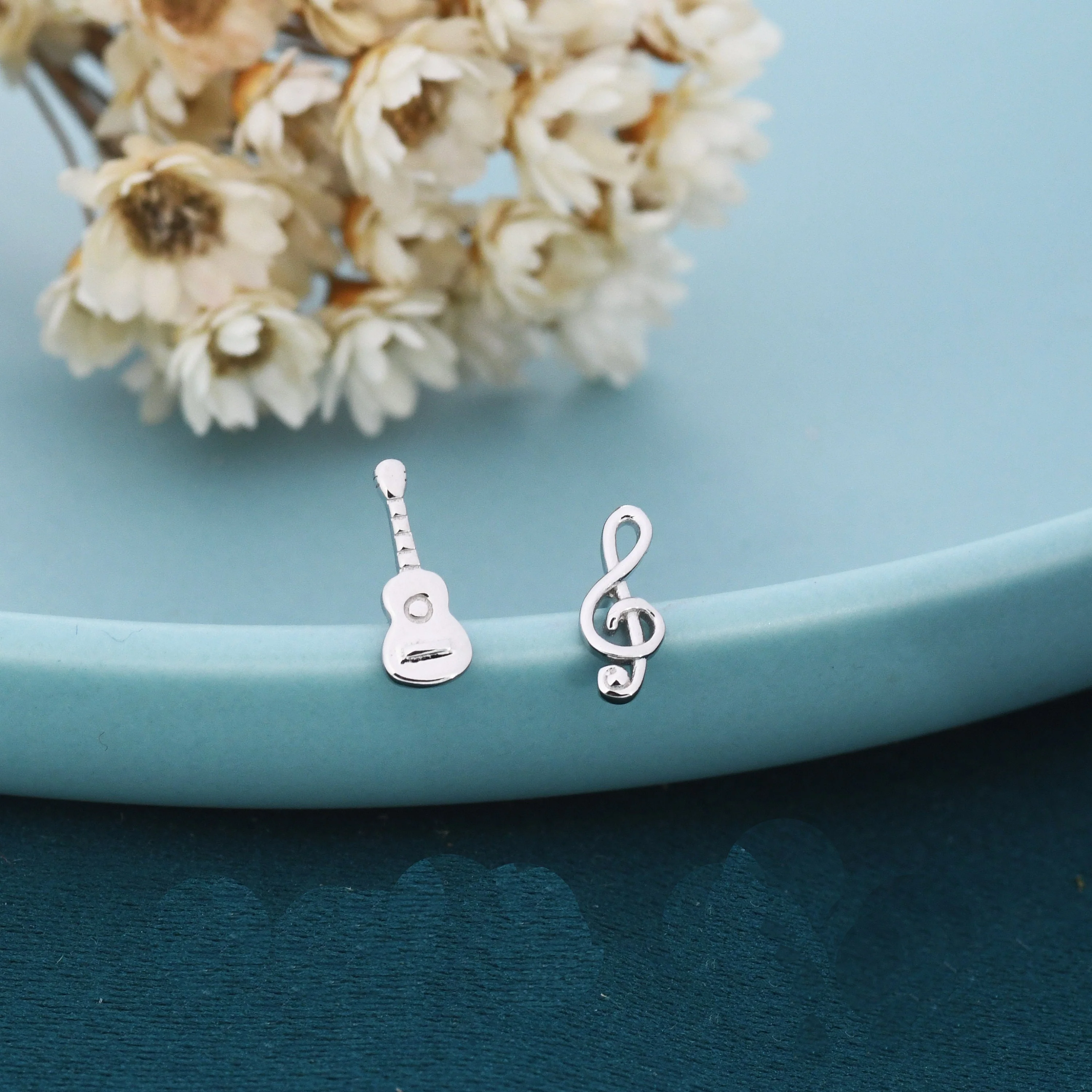 Mismatched Guitar and Music Note Stud Earrings in Sterling Silver, Asymmetric Guitar and Music Earrings - Image 2