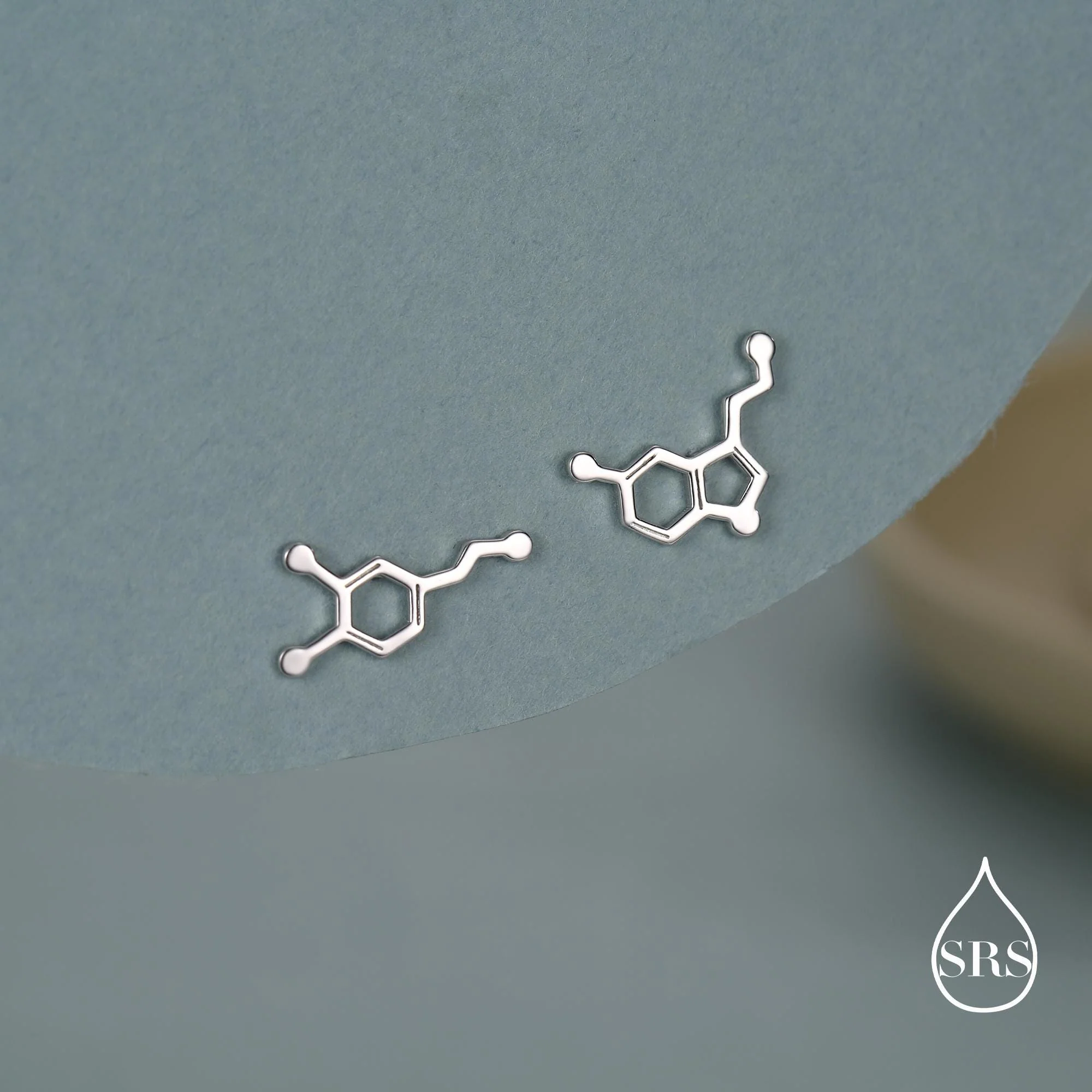 Mismatched Happiness Molecules Stud Earrings in Sterling Silver, Asymmetric Dopamine and Serotonin Earrings - Image 2