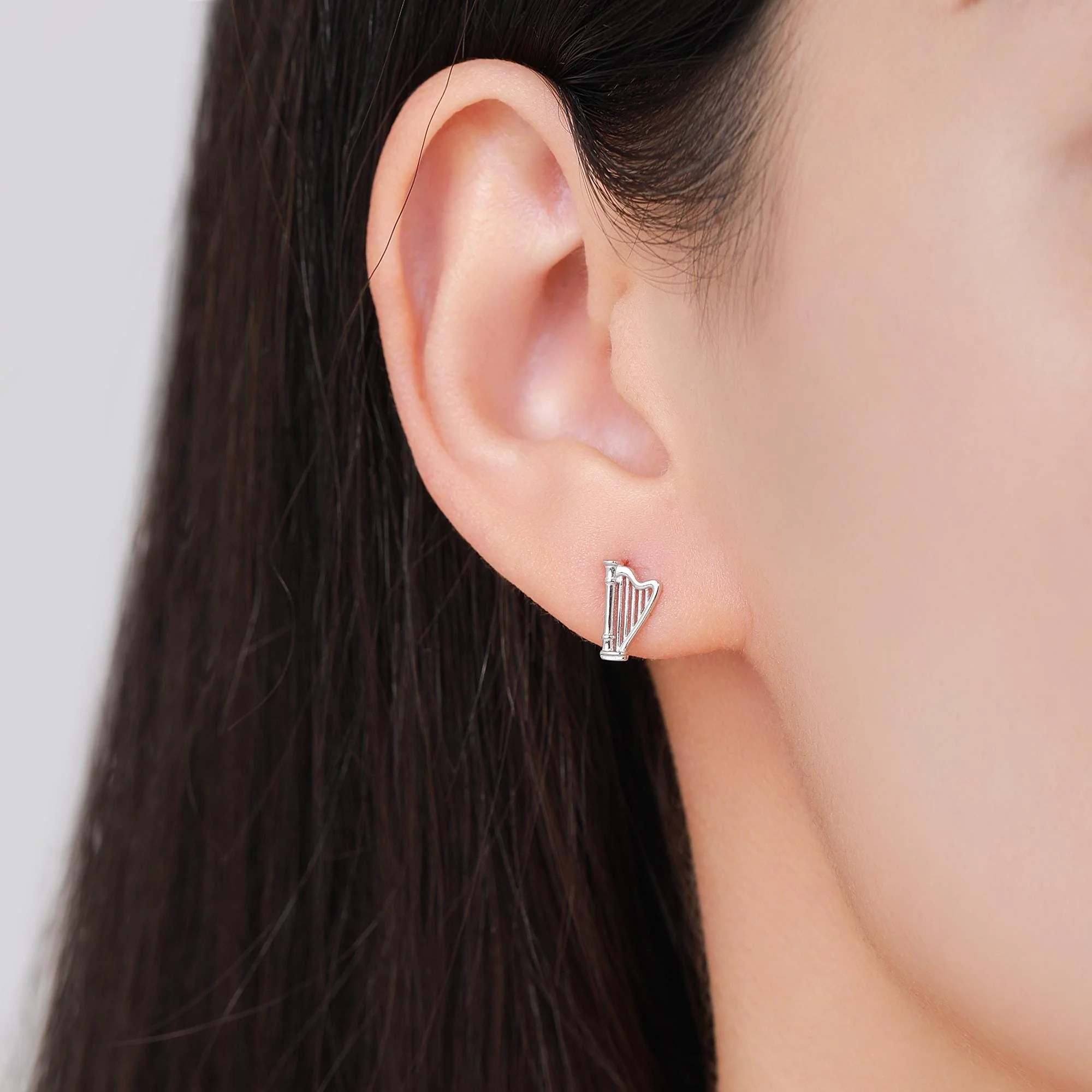Mismatched Harp and Lyre Stud Earrings in Sterling Silver, Silver, Gold or Rose Gold, Silver Harp Stud Earrings, Musical Instrument Earrings - Image 2