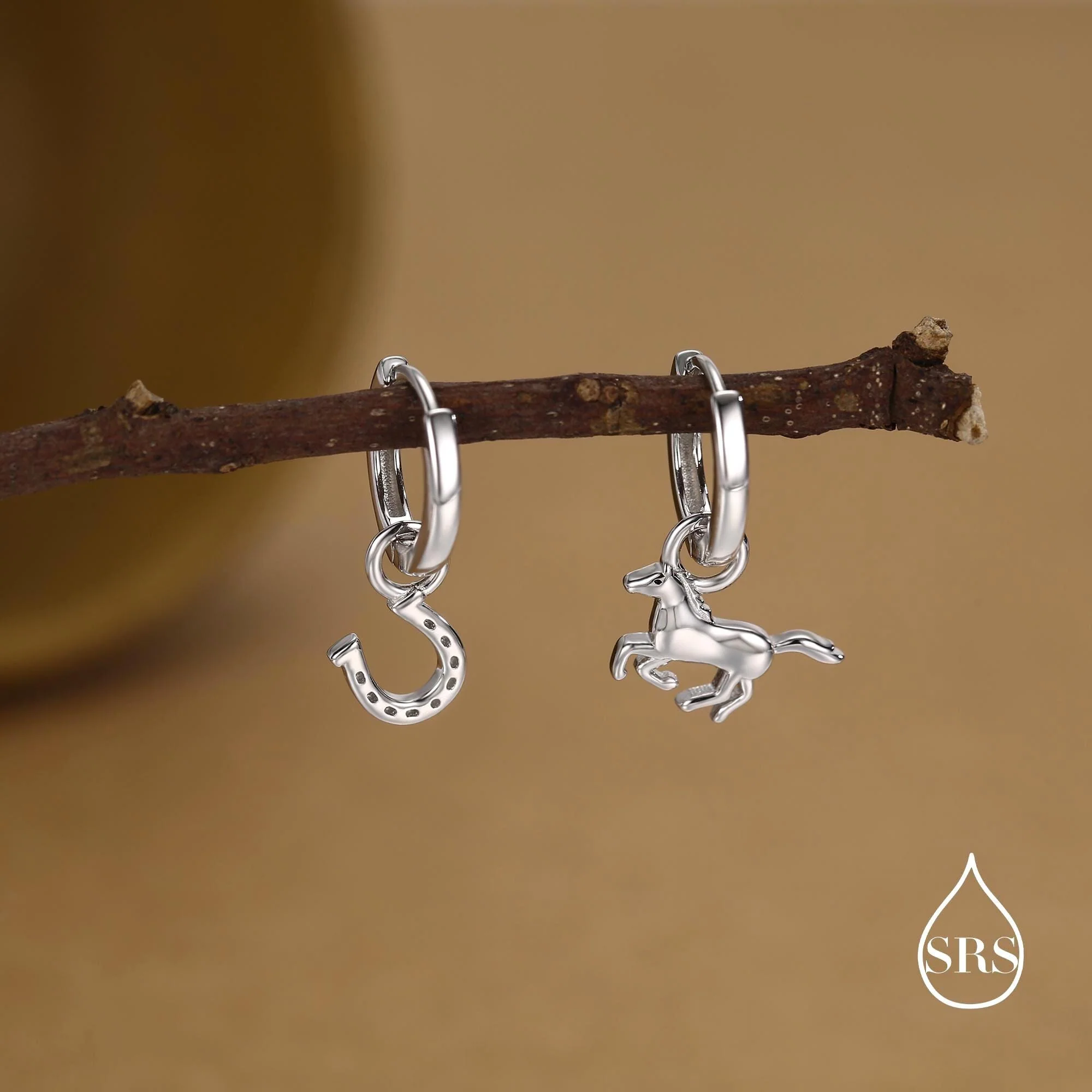 Mismatched Horse and Horseshoe Huggie Hoops in Sterling Silver, Silver or Gold or Rose Gold, Detachable Horse and Horse Shoe Hoop Earrings