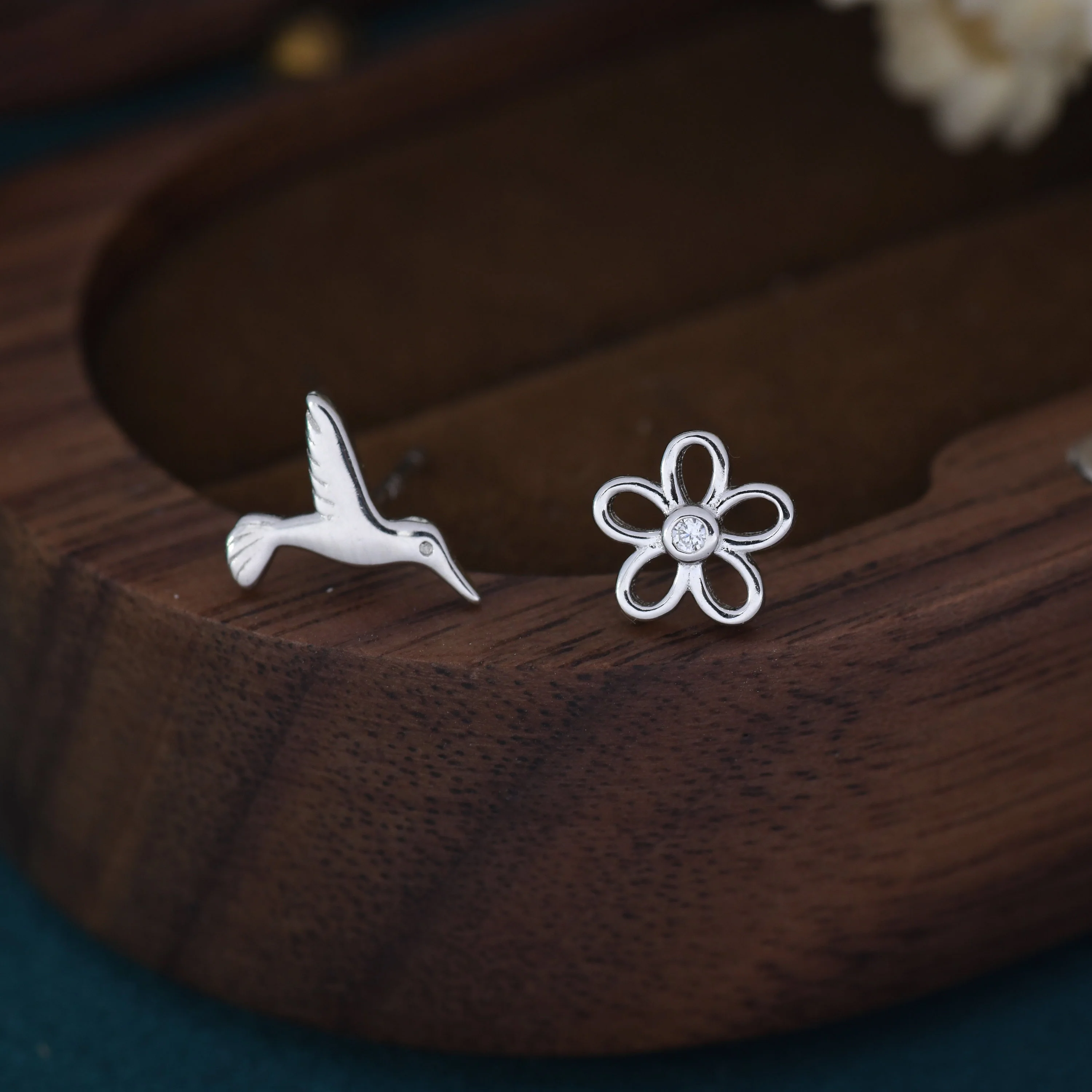 Mismatched Hummingbird and Flower Stud Earrings in Sterling Silver, Silver or Gold, AsymmetricFlower and Hummingbird Earrings - Image 7