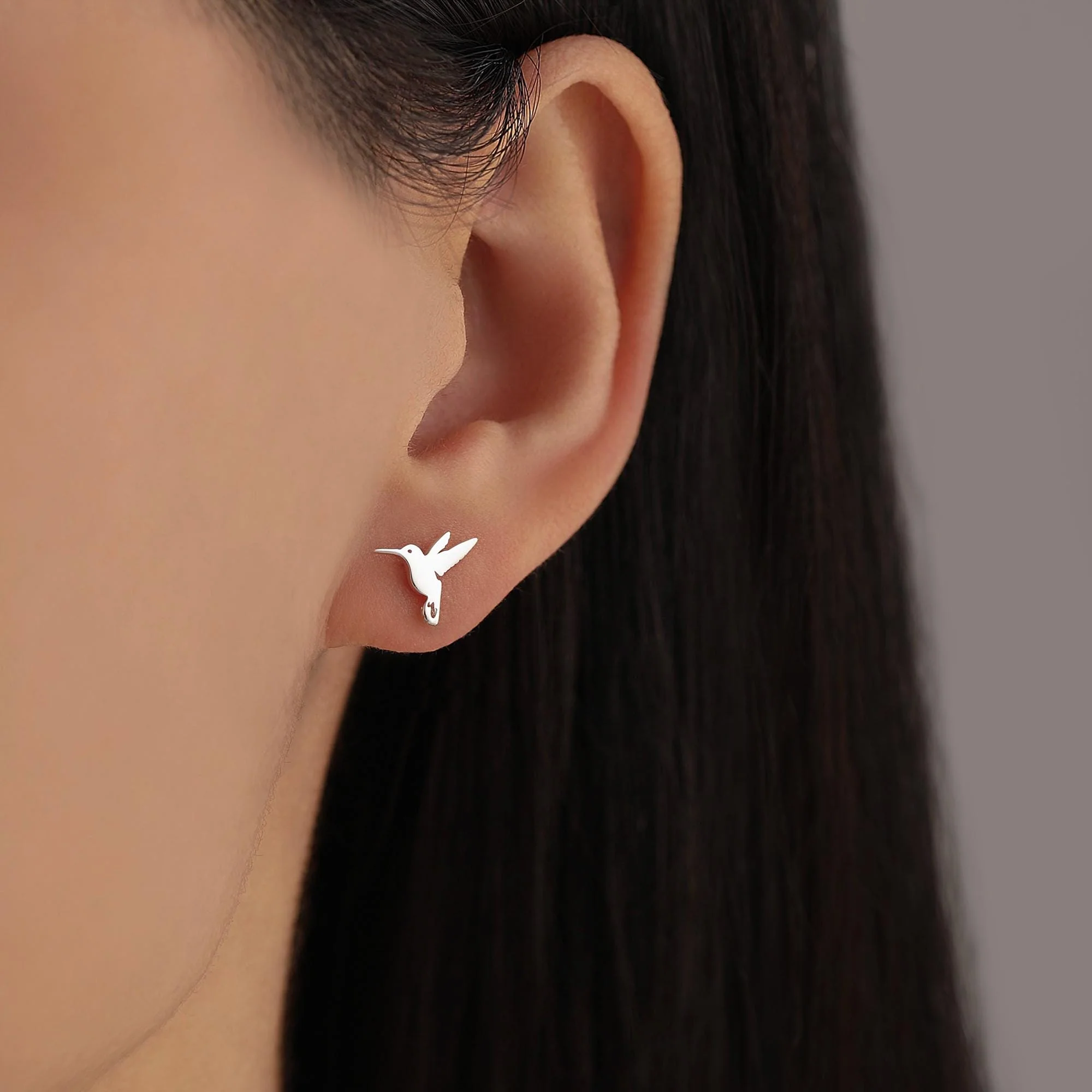 Mismatched Hummingbird and Hydrangea Flower Stud Earrings in Sterling Silver,  AsymmetricFlower and Hummingbird Earrings - Image 2