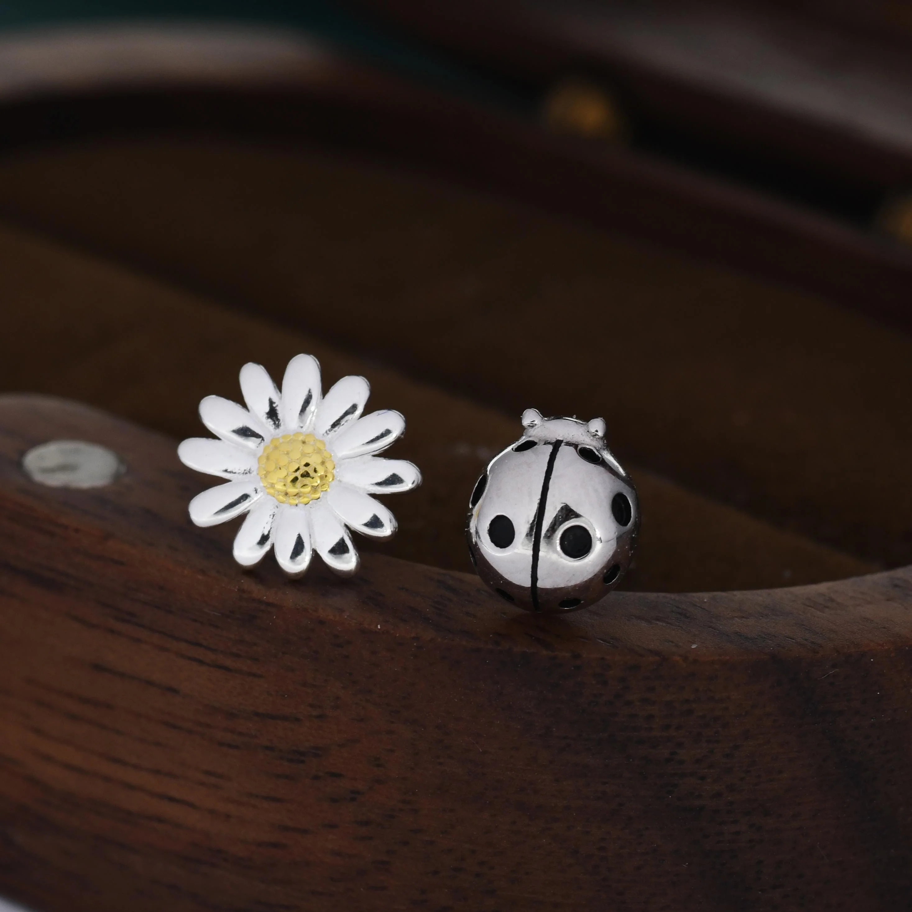 Mismatched Ladybird and Daisy Stud Earrings in Sterling Silver, Silver ladybird Earrings, Asymmetric Nature Inspired Earrings - Image 10