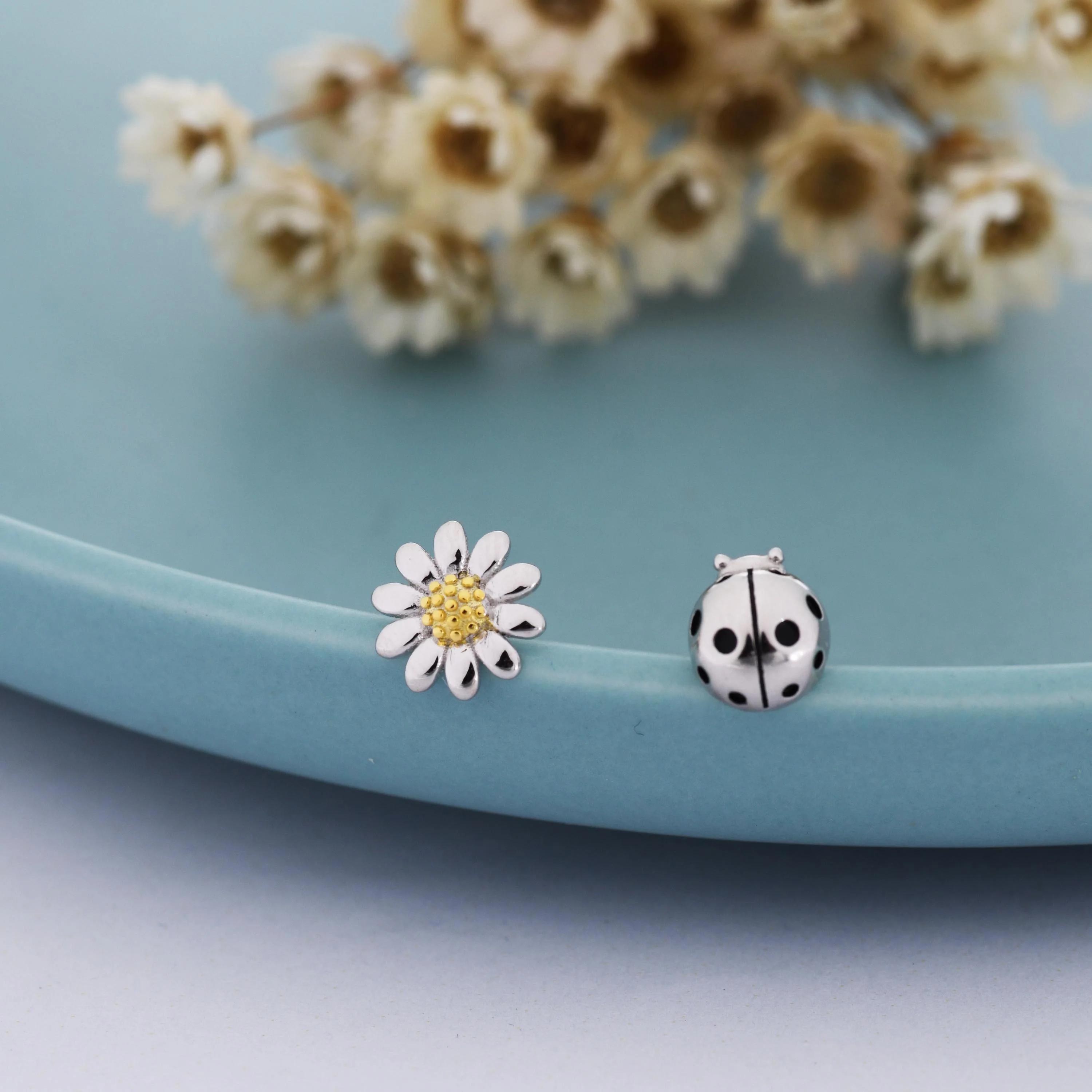 Mismatched Ladybird and Daisy Stud Earrings in Sterling Silver, Silver ladybird Earrings, Asymmetric Nature Inspired Earrings - Image 3