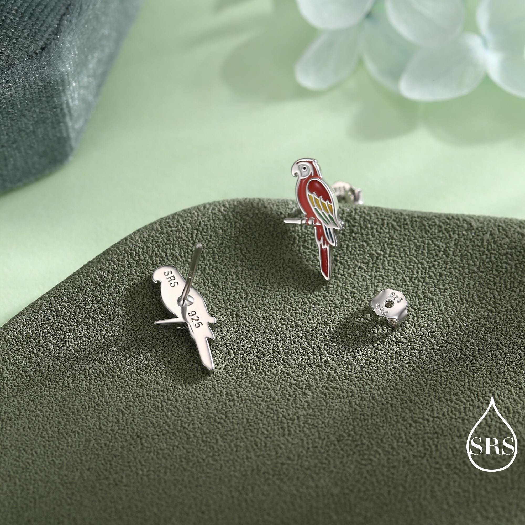 Mismatched Macaw Parrot Bird Stud Earrings in Sterling Silver, Silver or Gold, Asymmetric Bird Earrings, Nature Inspired Animal Earrings - Image 4