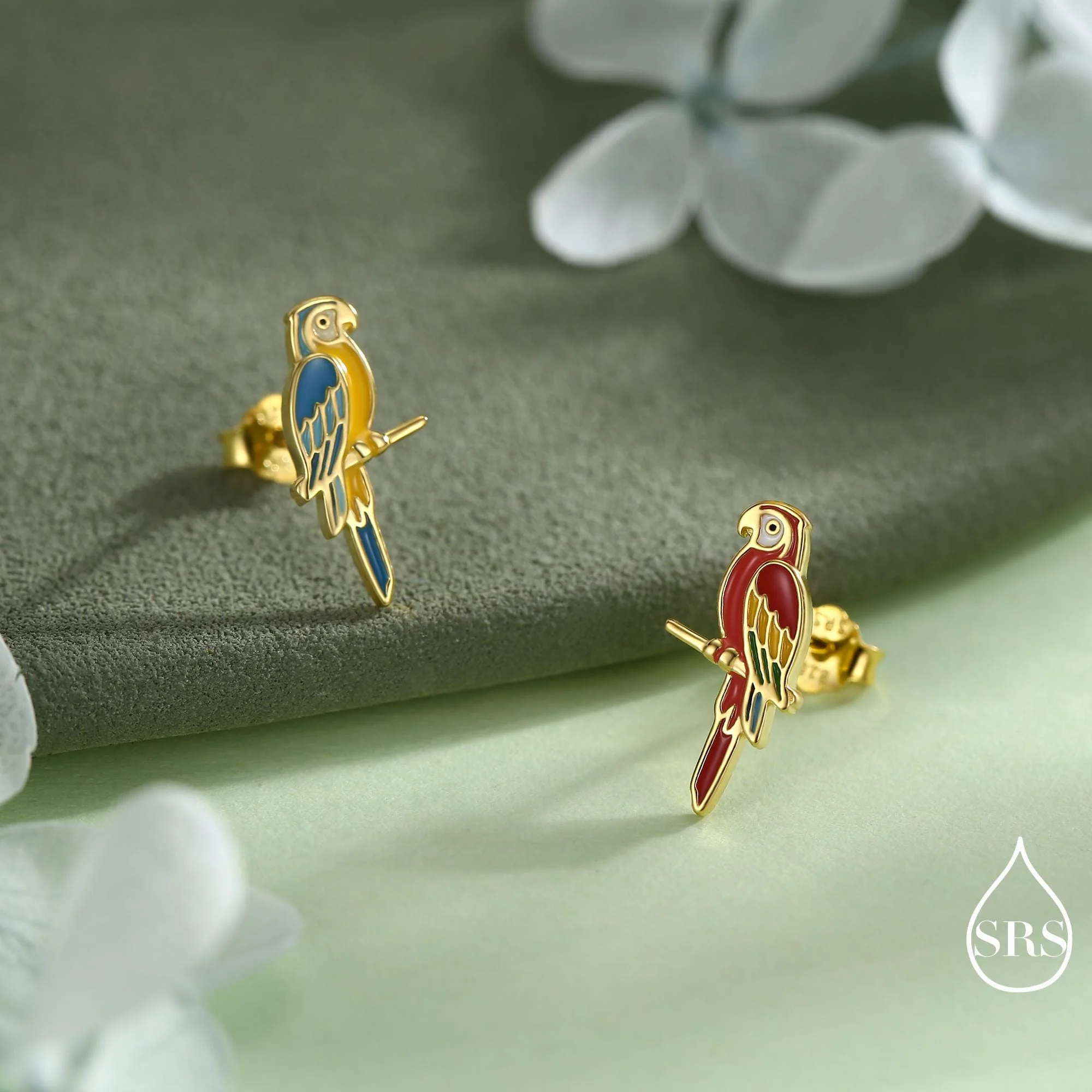 Mismatched Macaw Parrot Bird Stud Earrings in Sterling Silver, Silver or Gold, Asymmetric Bird Earrings, Nature Inspired Animal Earrings - Image 5