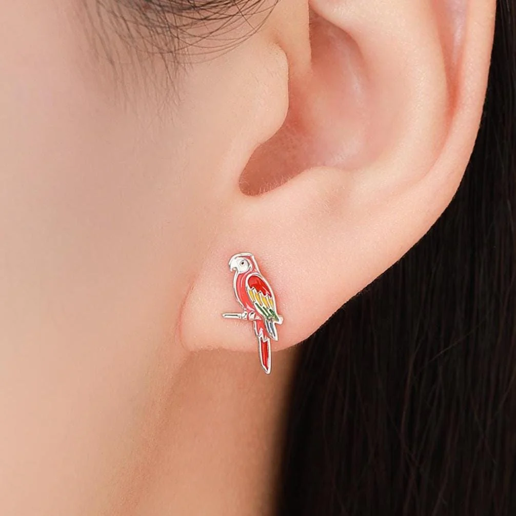 Mismatched Macaw Parrot Bird Stud Earrings in Sterling Silver, Silver or Gold, Asymmetric Bird Earrings, Nature Inspired Animal Earrings - Image 7