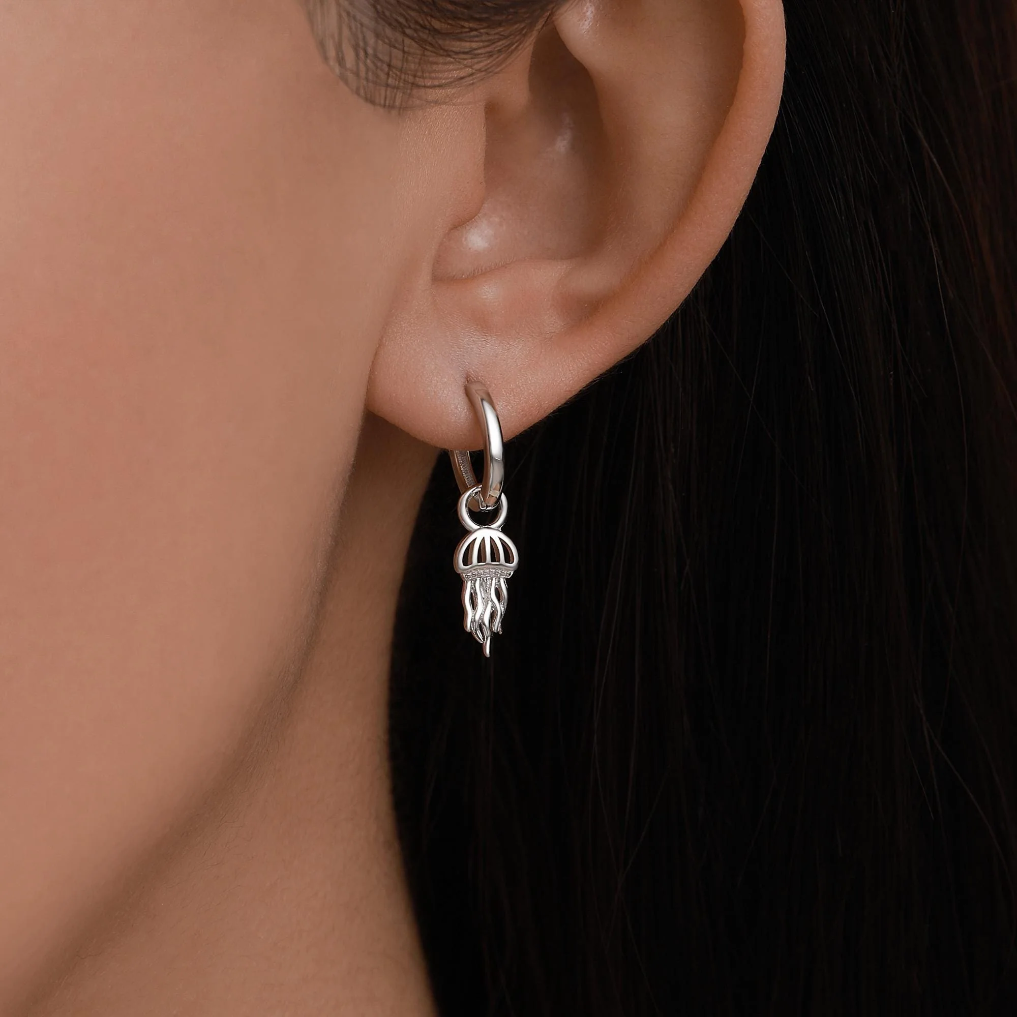 Mismatched Manta Ray Fish and Jellyfish Huggie Hoop Earrings, Asymmetric Stingray and Jellyfish Dangle Hoop Earrings, Fish Dangle Earrings - Image 3